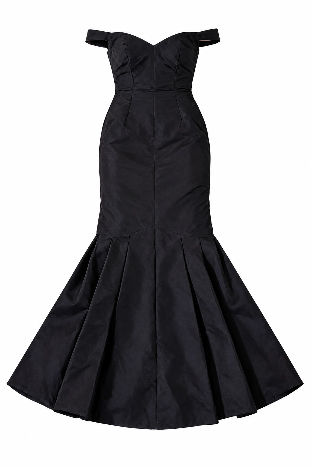 Black off-shoulder gown with long train