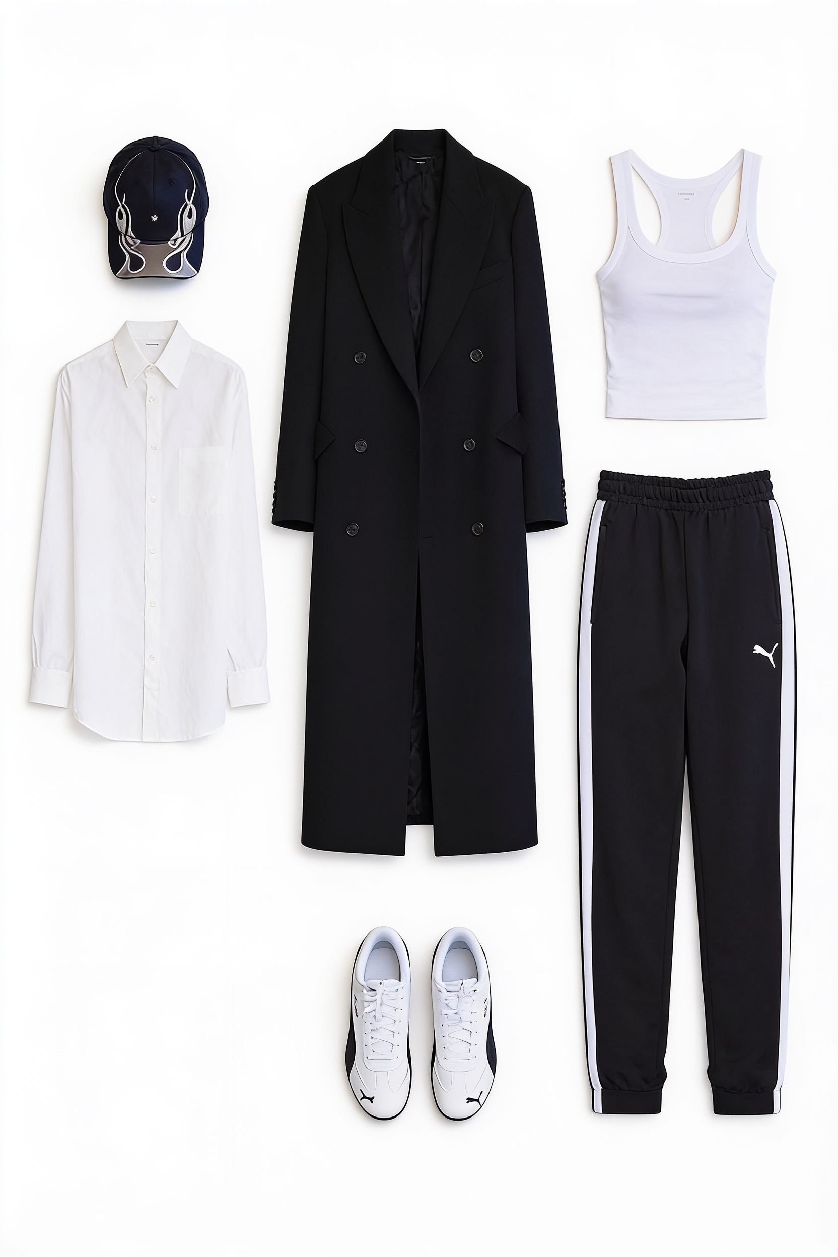 Black long coat and track trousers