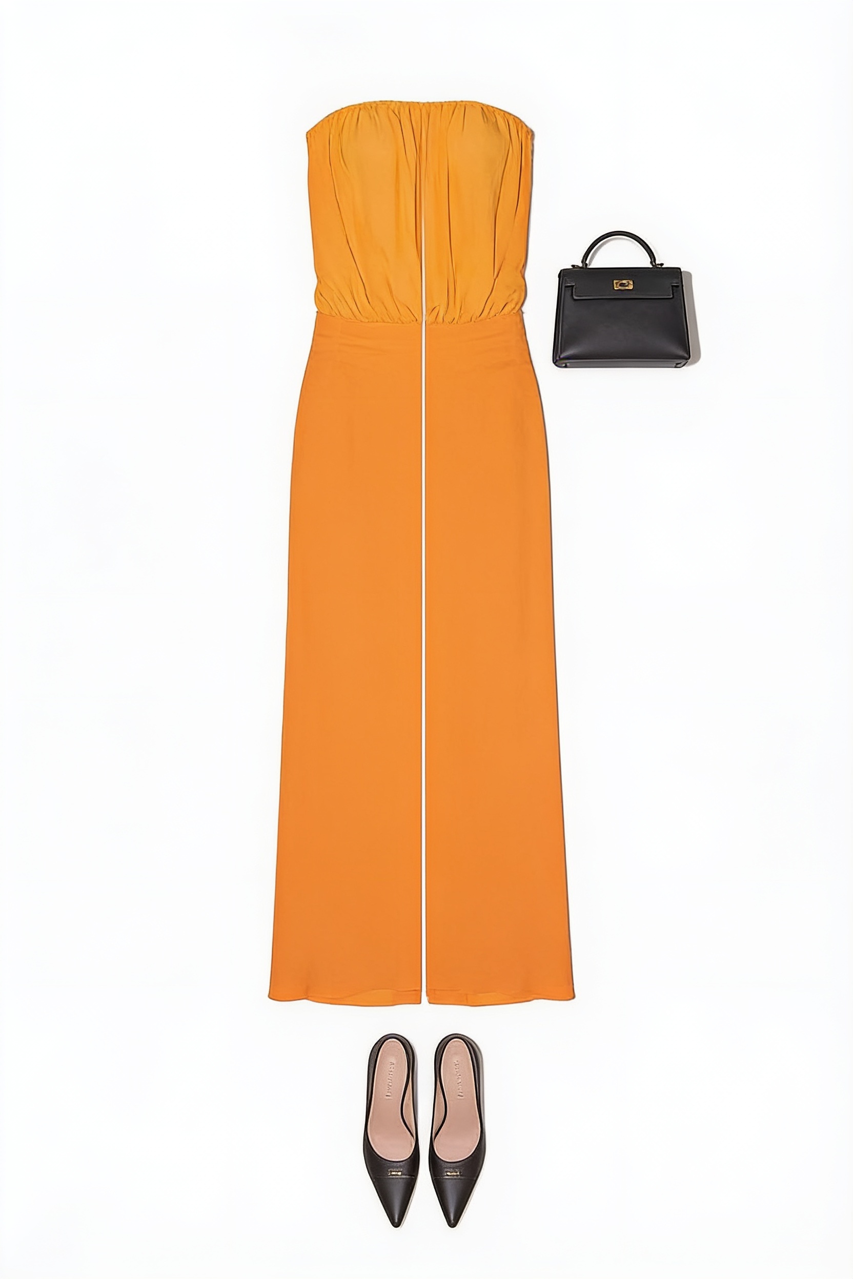 Orange strapless draped mini dress
