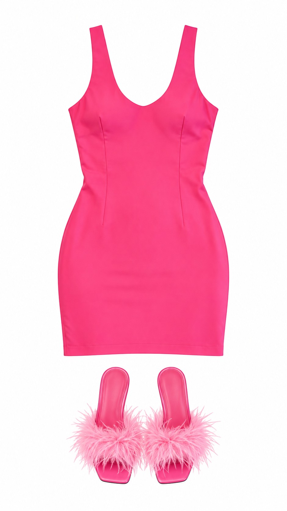 Hot pink scoop-neck mini dress and feather heels
