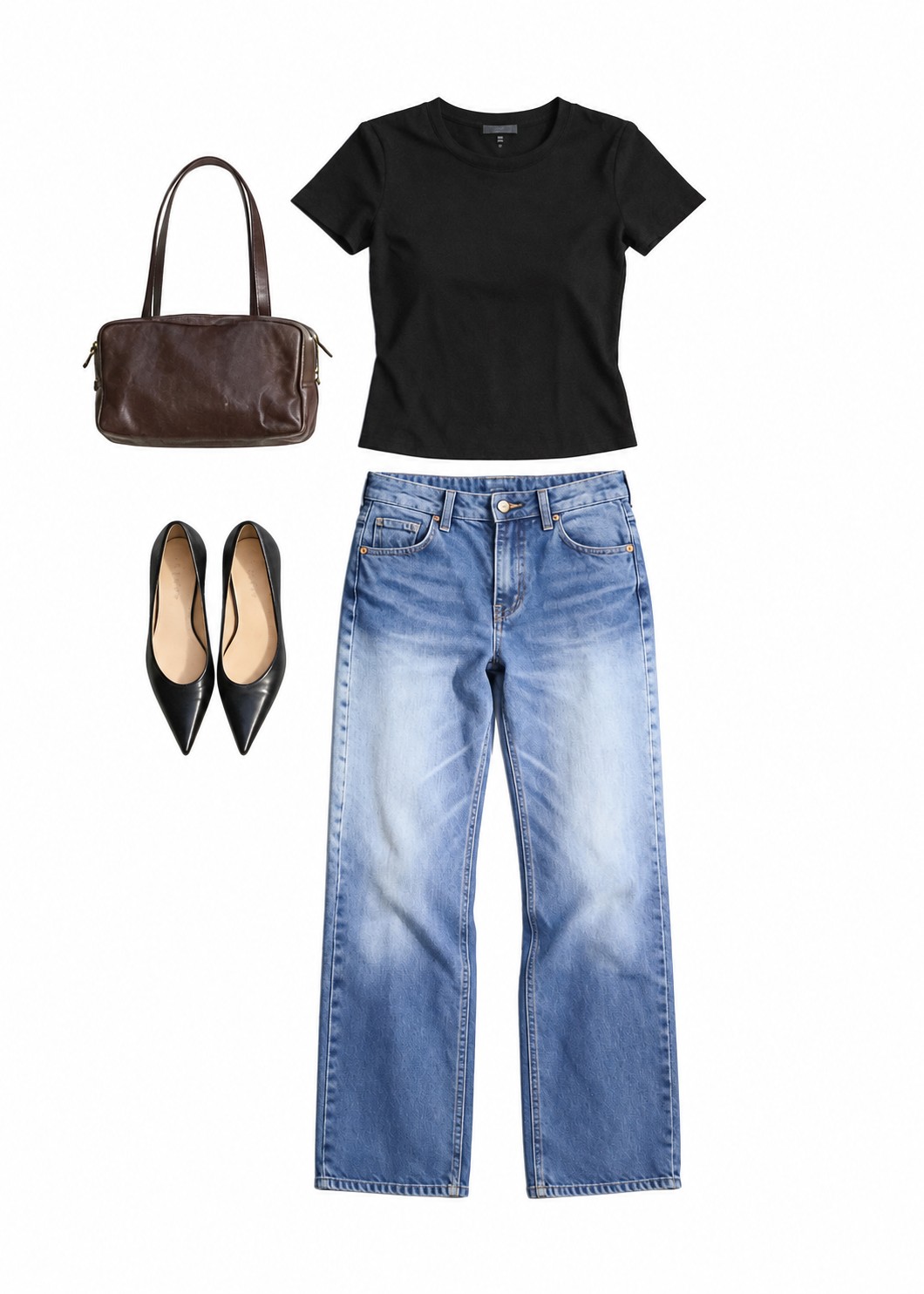 Black T-shirt and straight-leg jeans