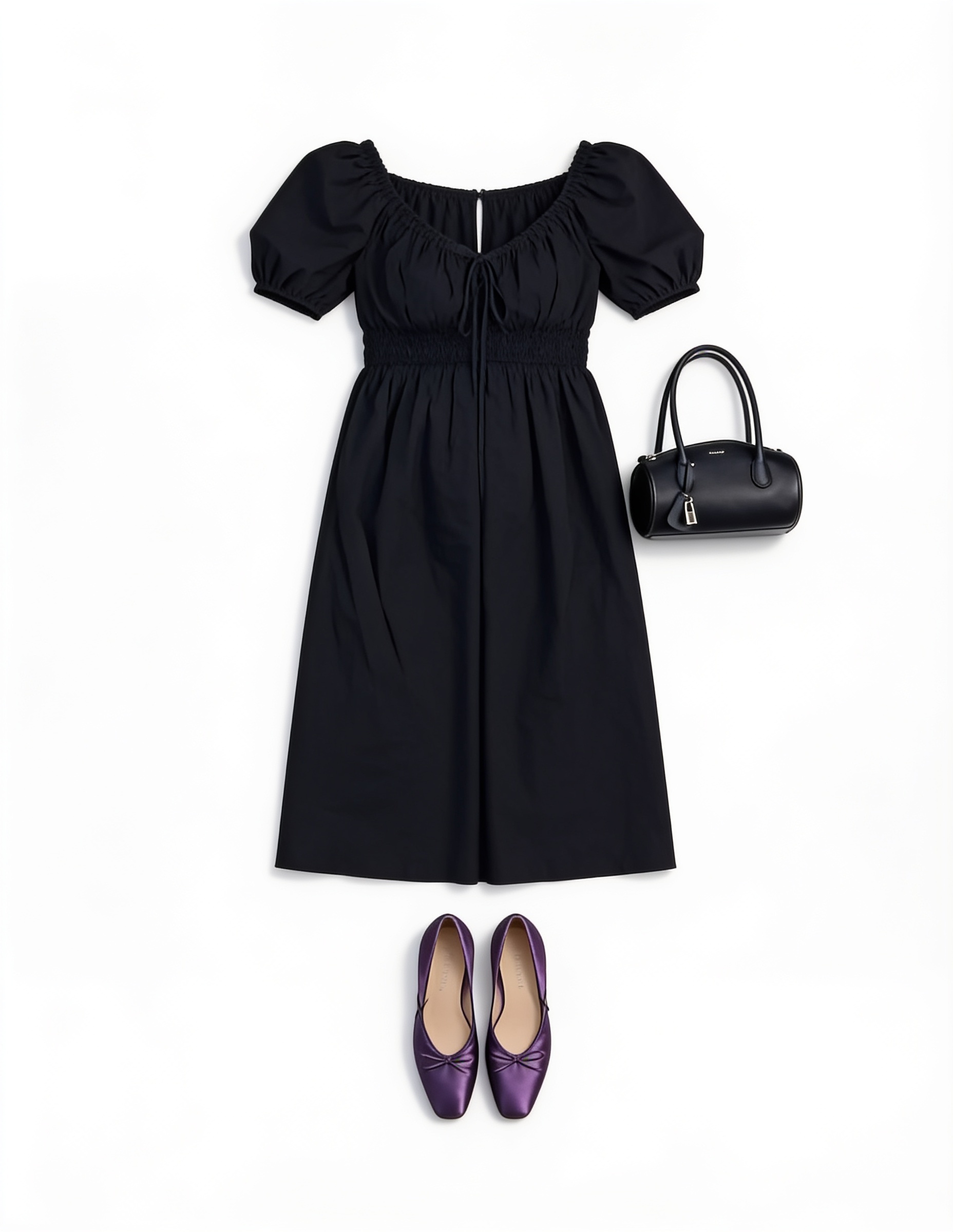 Black puff-sleeve midi dress