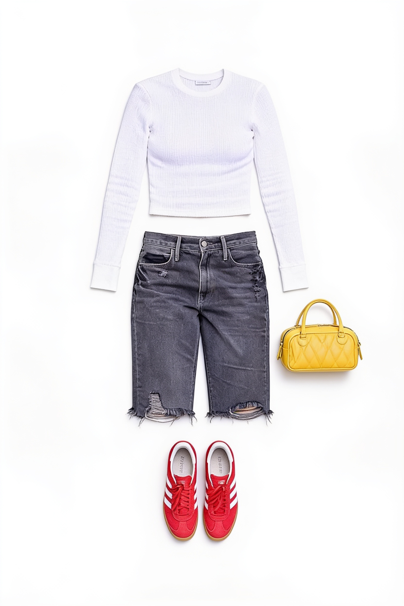 Pale lilac cropped top and denim Bermuda shorts
