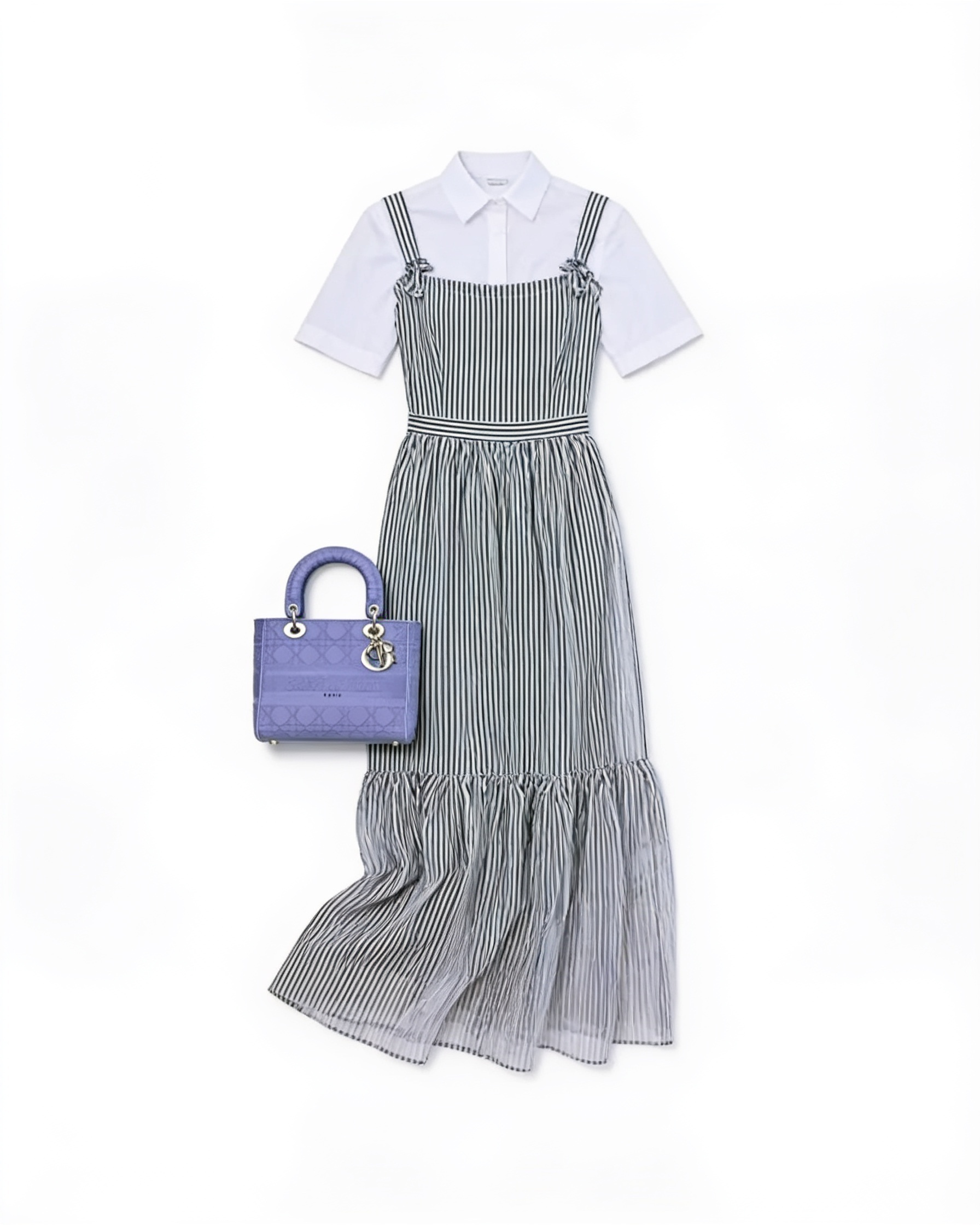 Grey pinafore maxi dress and lilac handbag