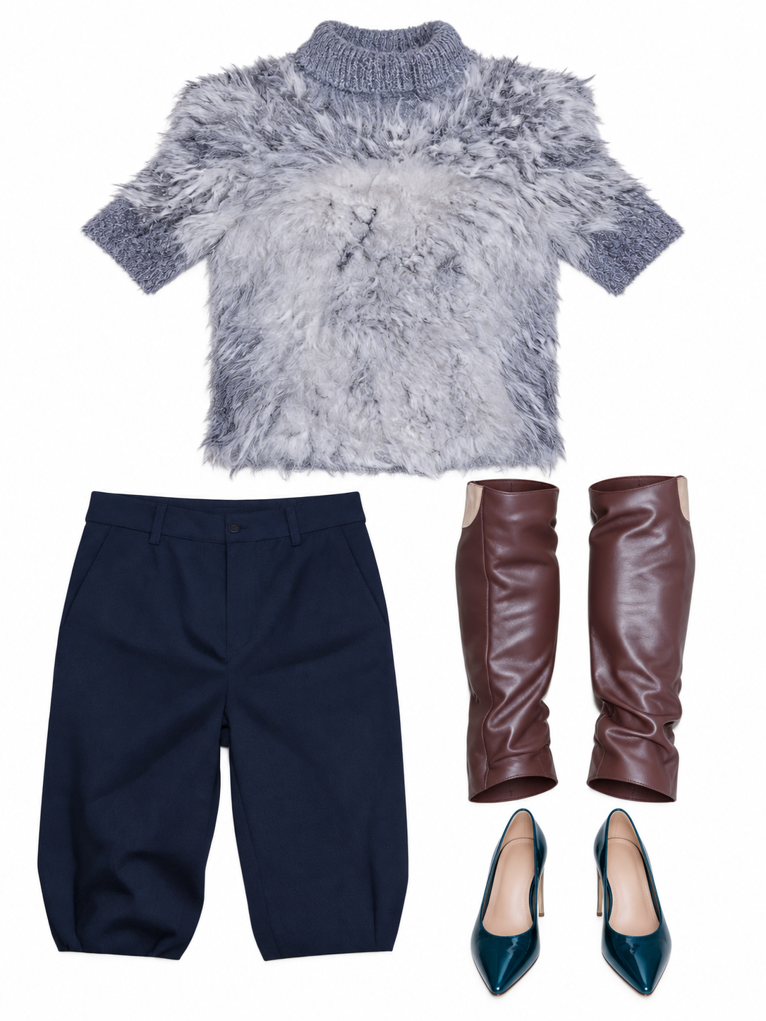 Grey cropped knit and navy tailored shorts