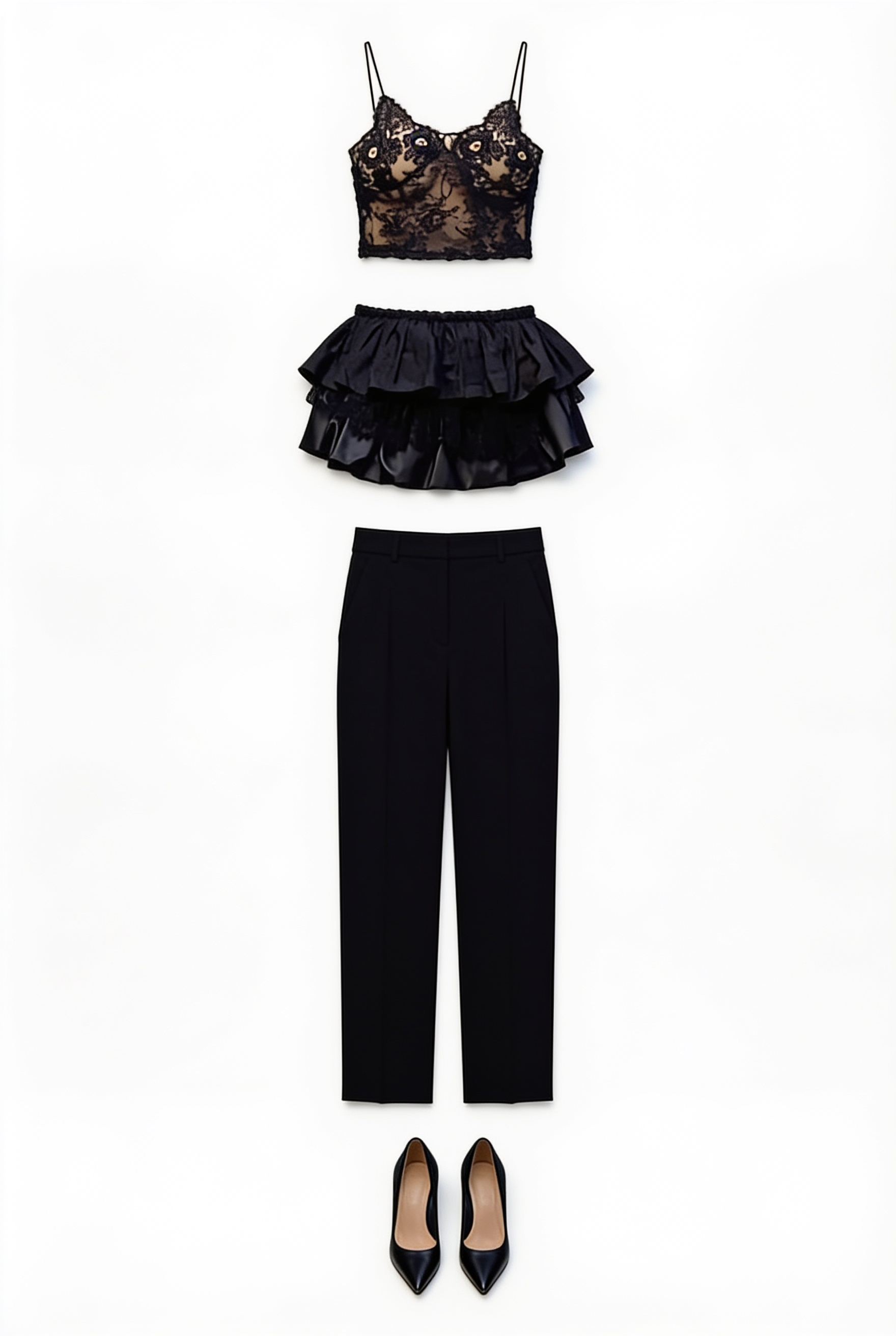 Black lace peplum top and tailored trousers