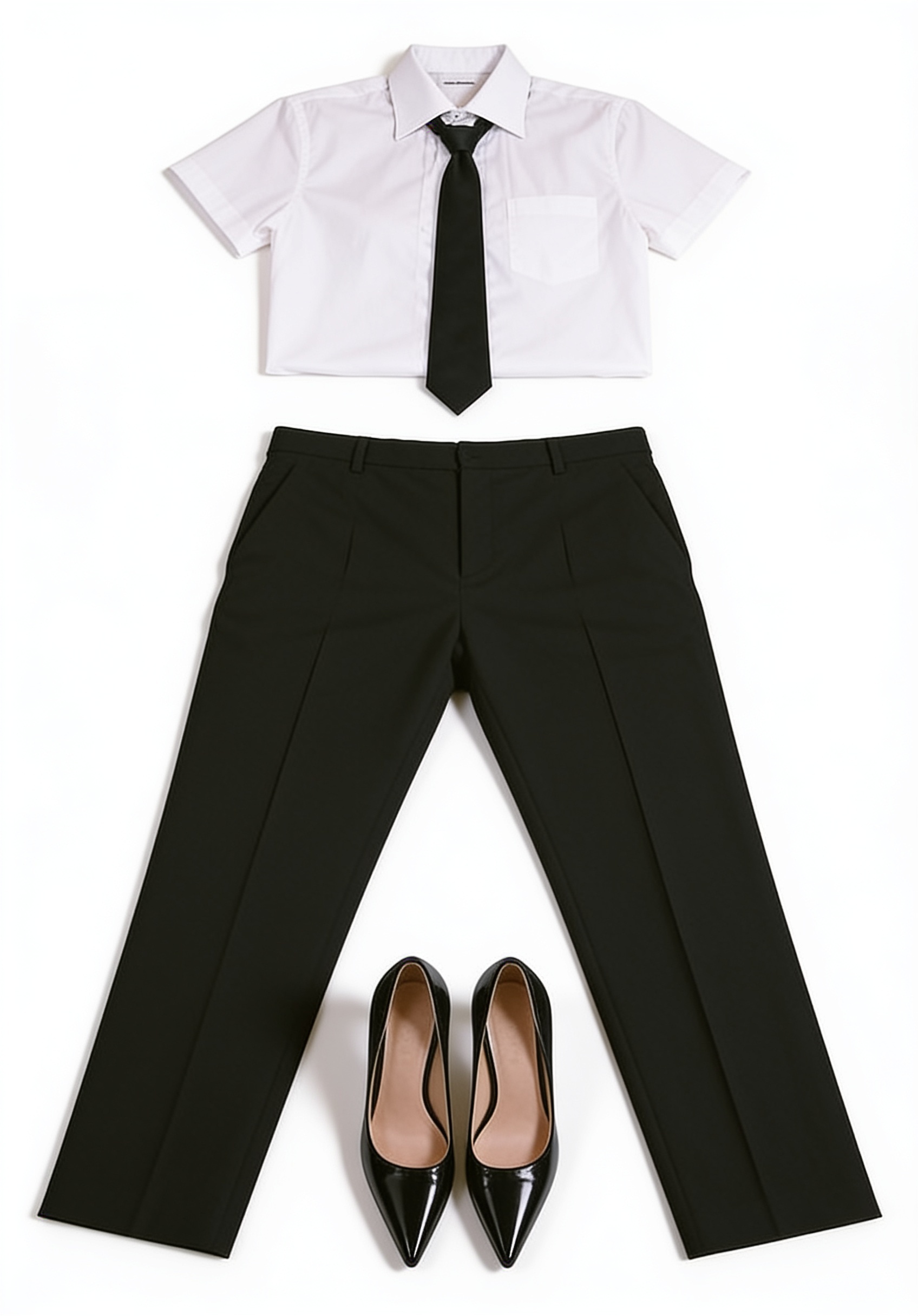 White cropped shirt and black tailored trousers