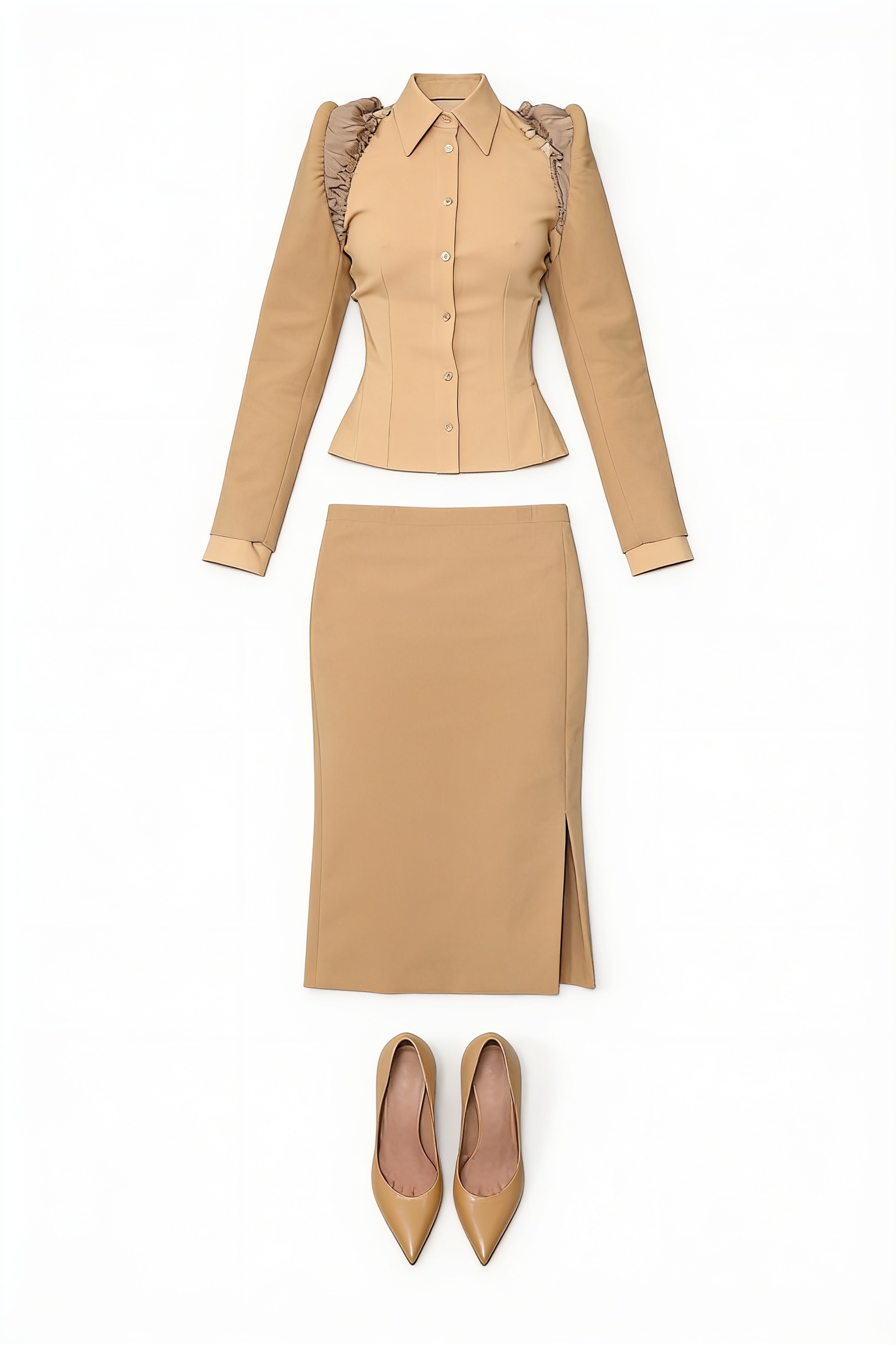 Camel fitted shirt and pencil skirt