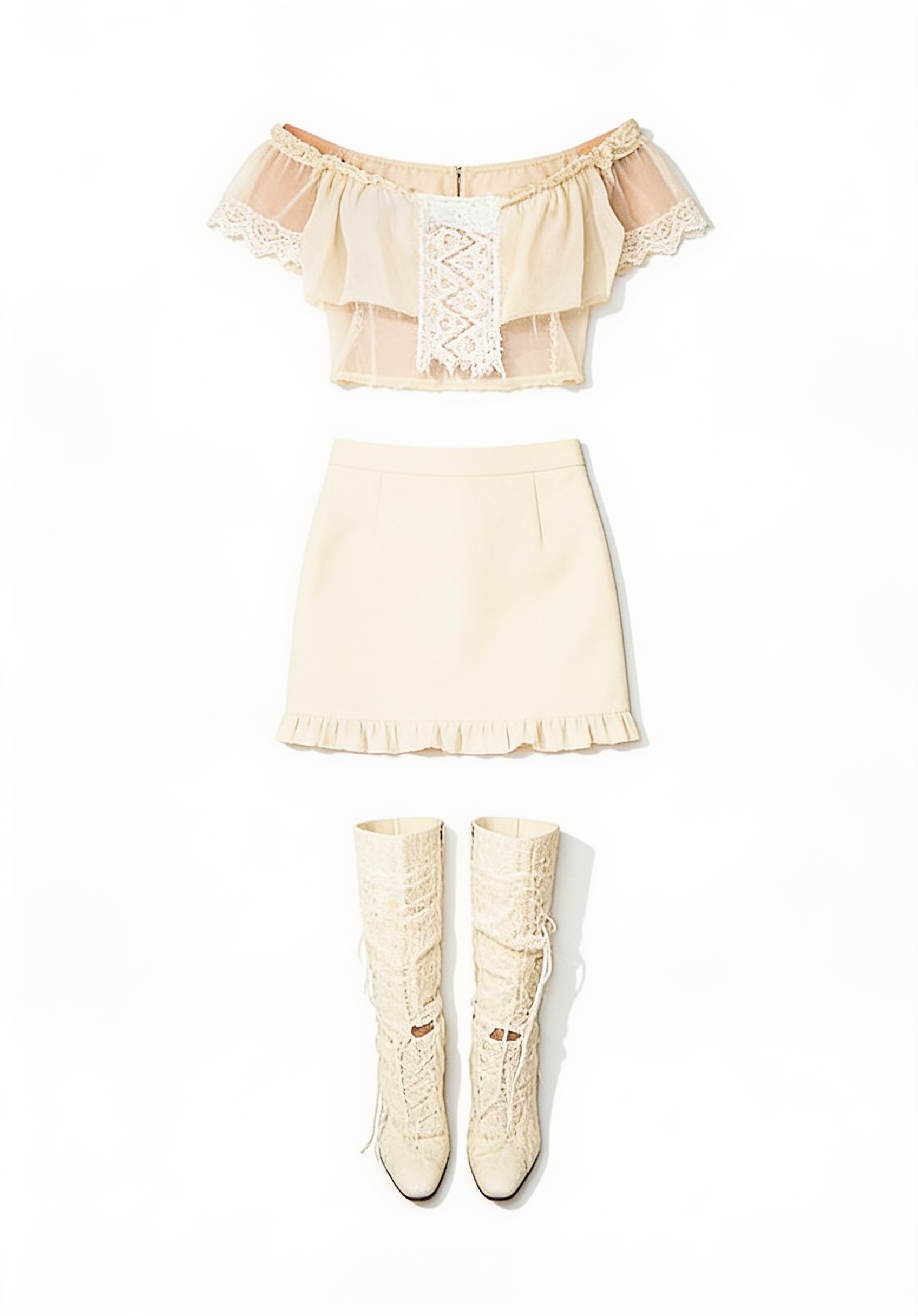White cropped top and mini skirt with cream boots
