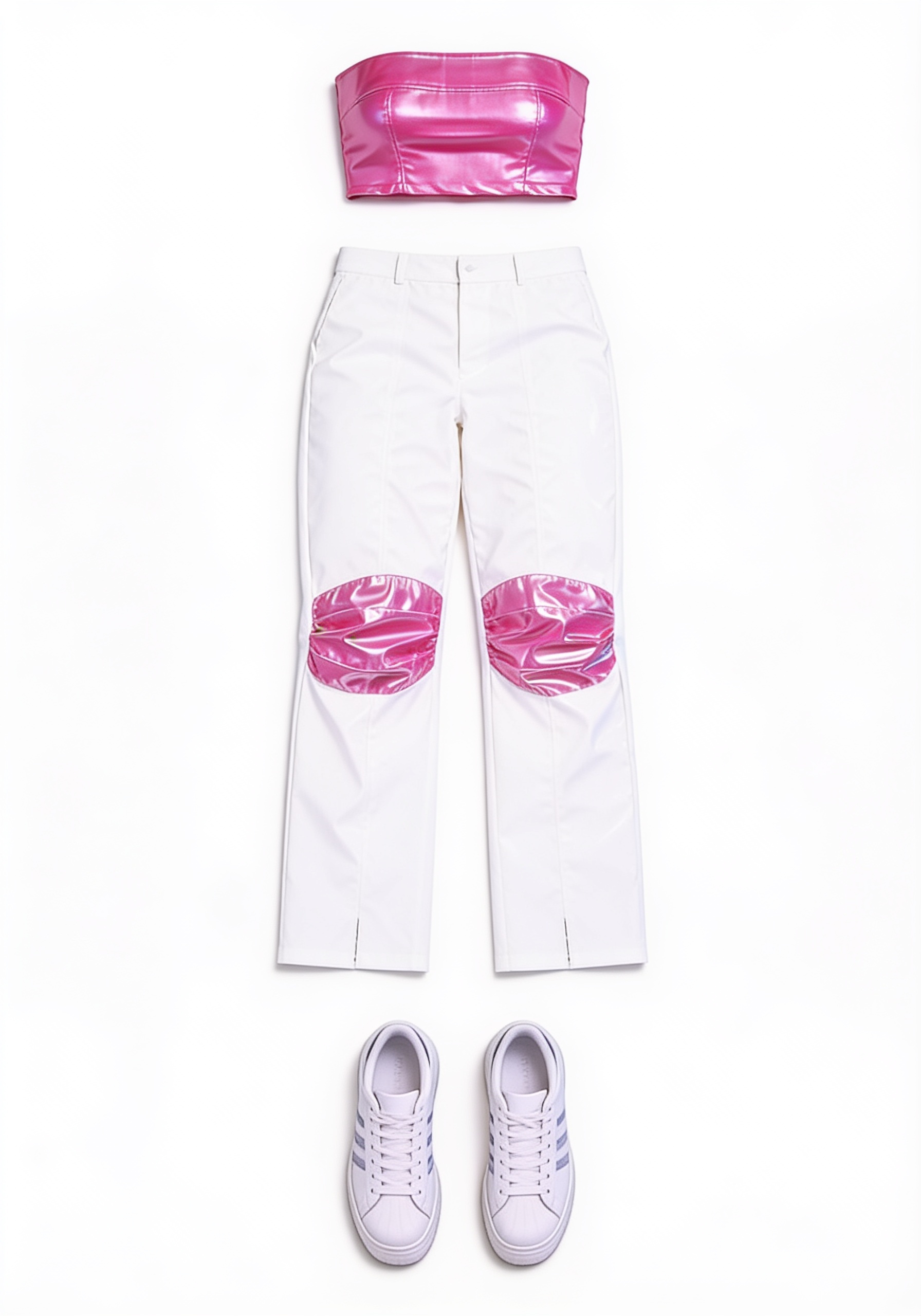 Pink bandeau and white embellished trousers