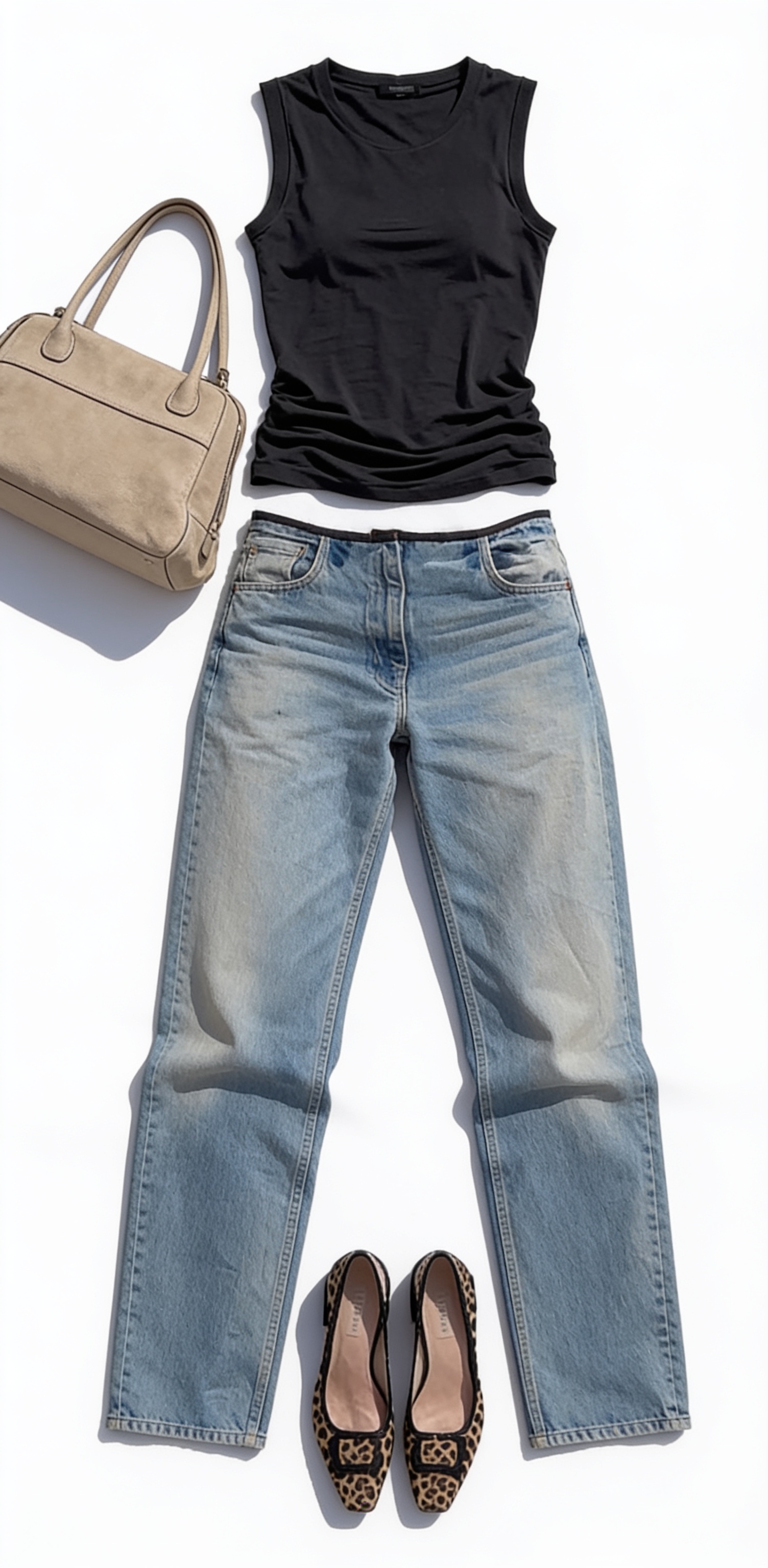 Black sleeveless top and straight-leg jeans