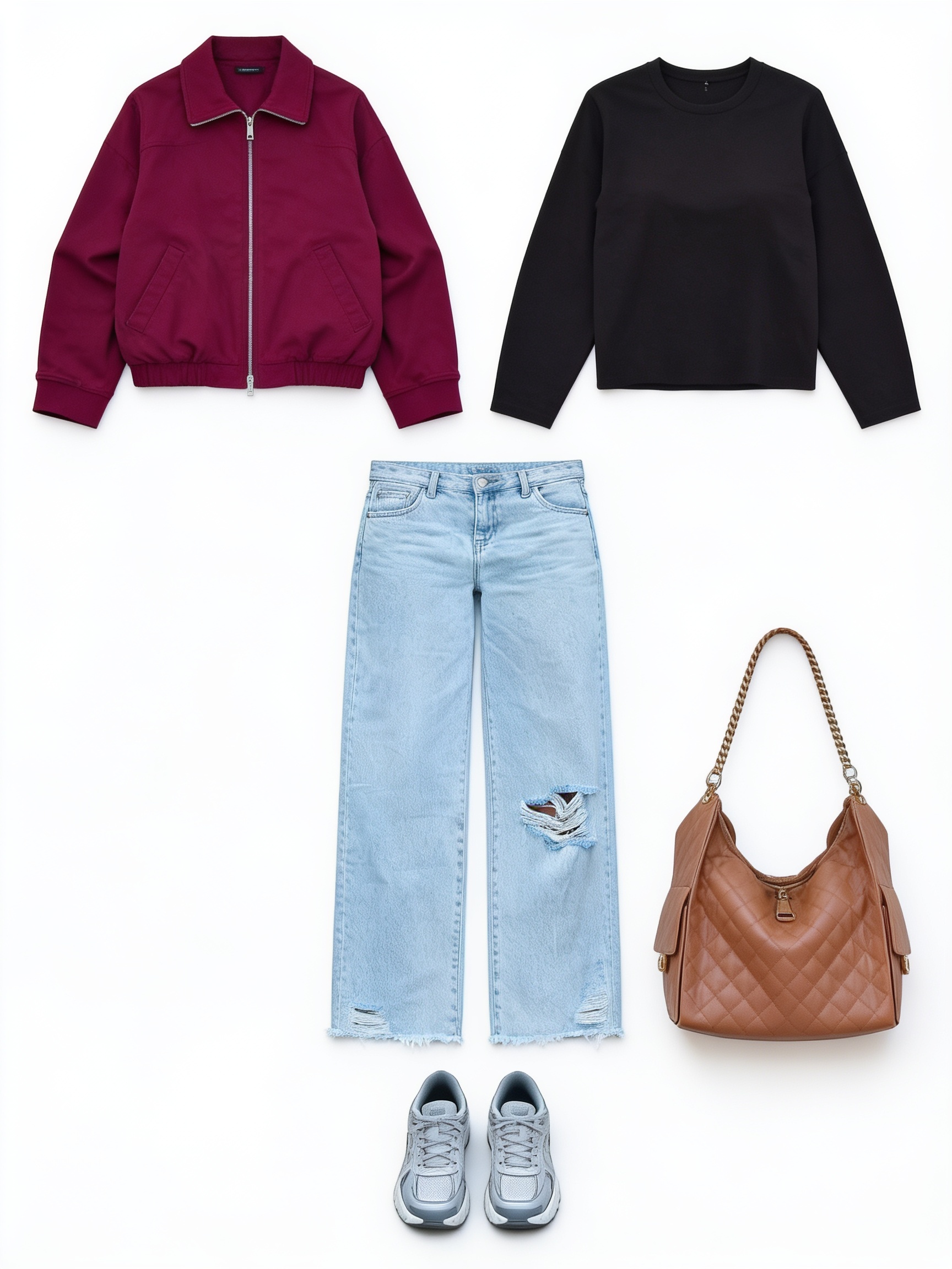 Burgundy jacket and pale blue baggy jeans