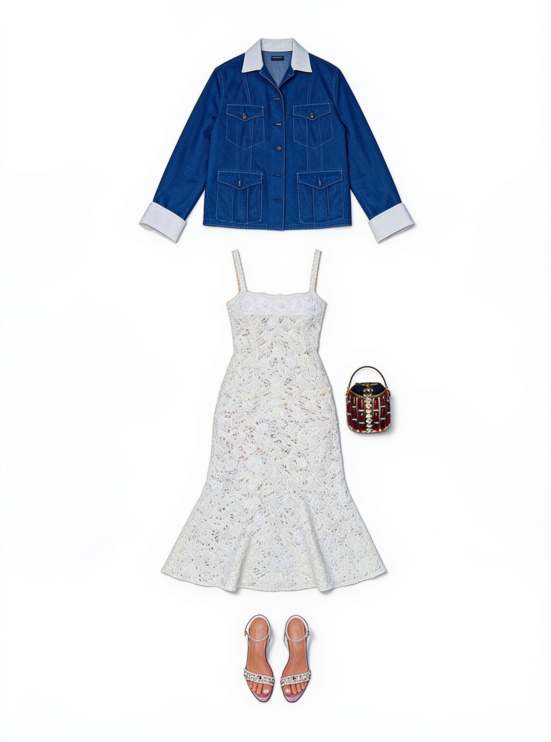 White printed midi dress and blue cropped jacket