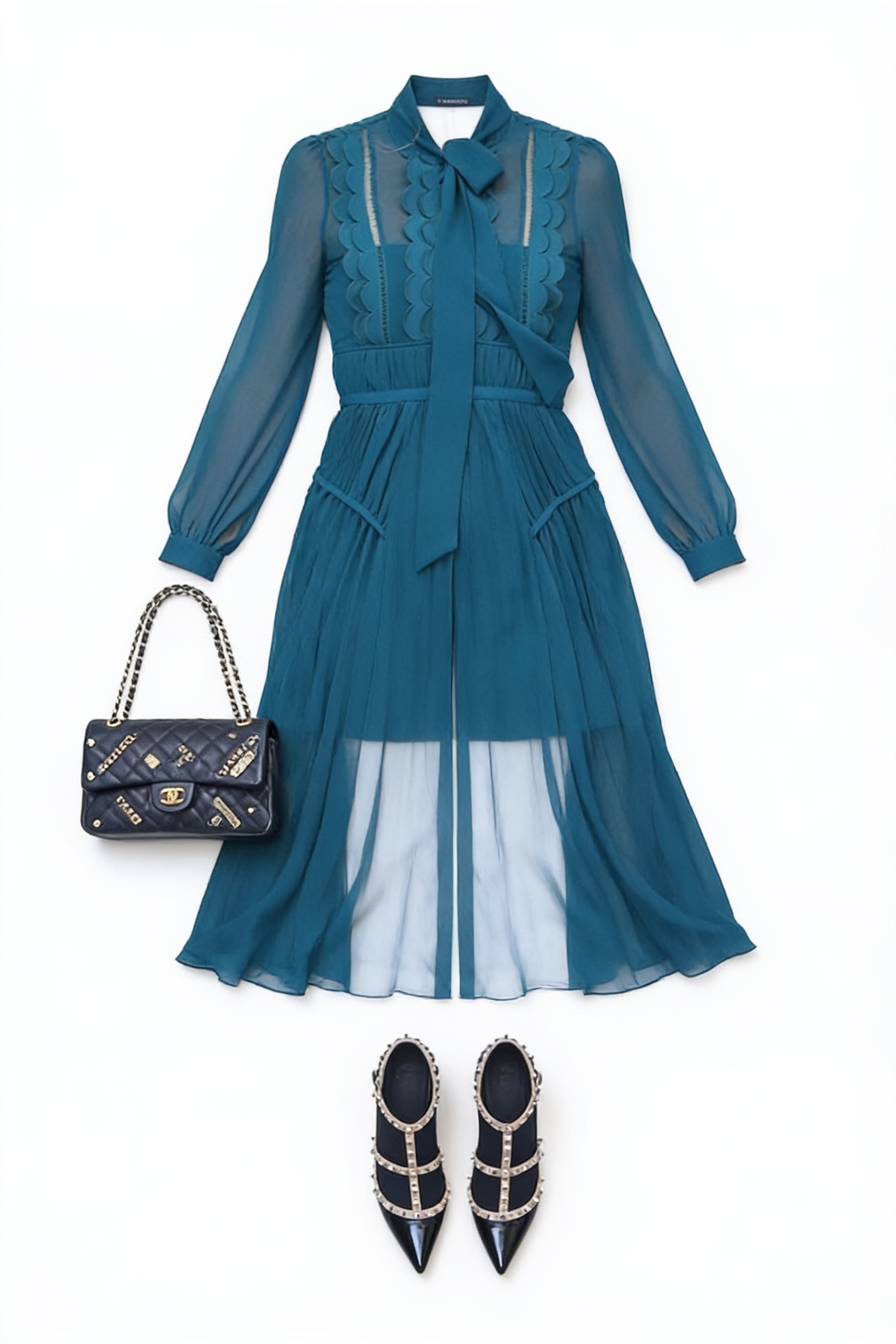 Teal belted coat and checked ankle boots