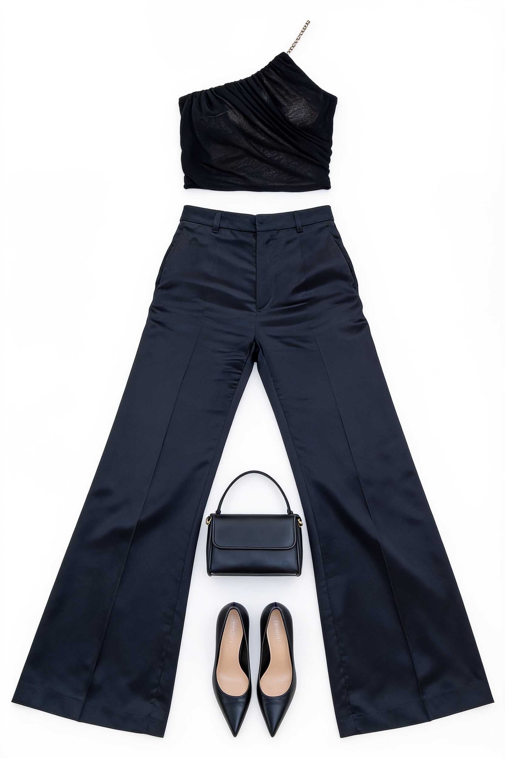 Black asymmetric satin top and flared trousers