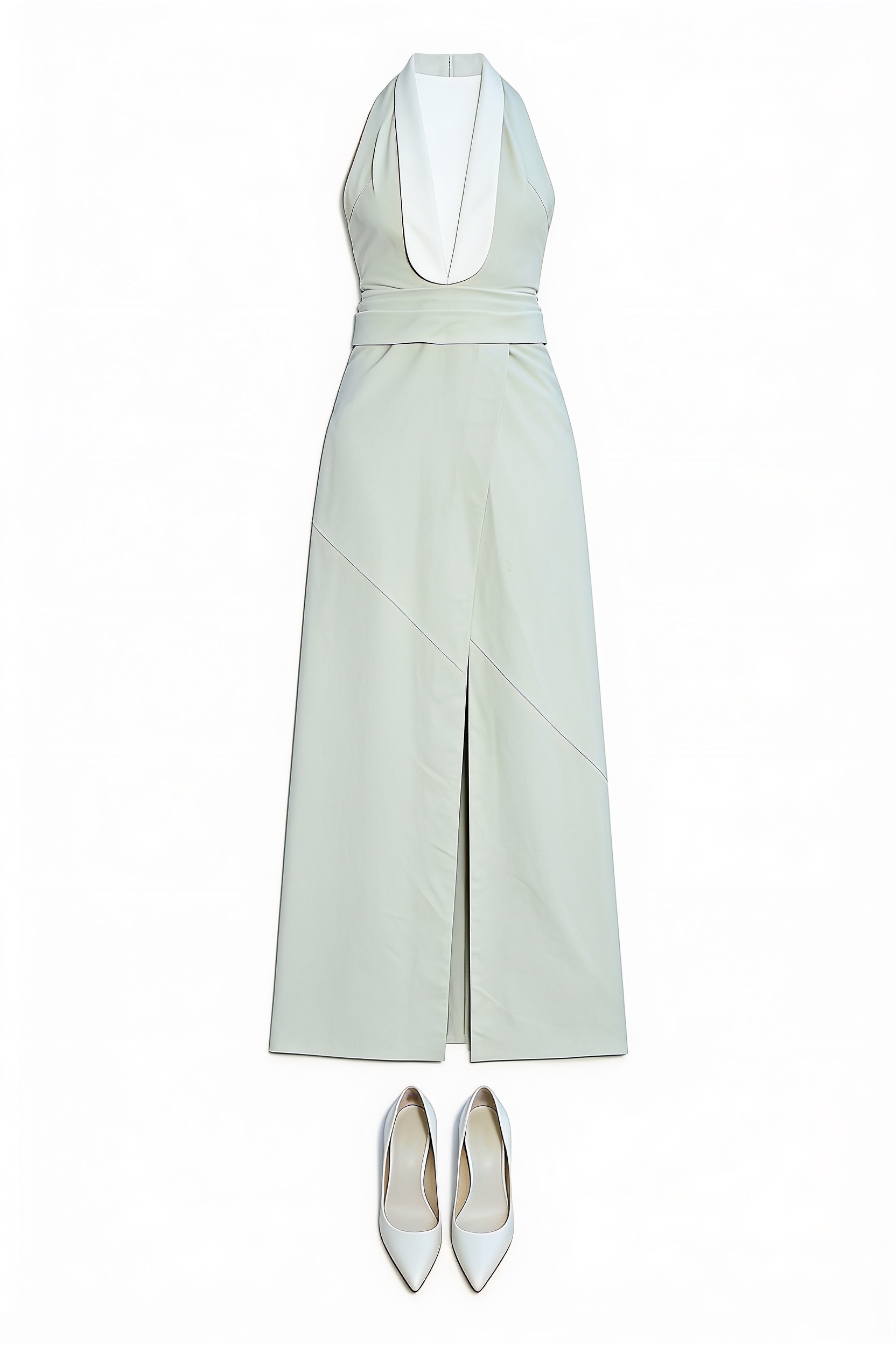 White halter slit gown and metallic sandals