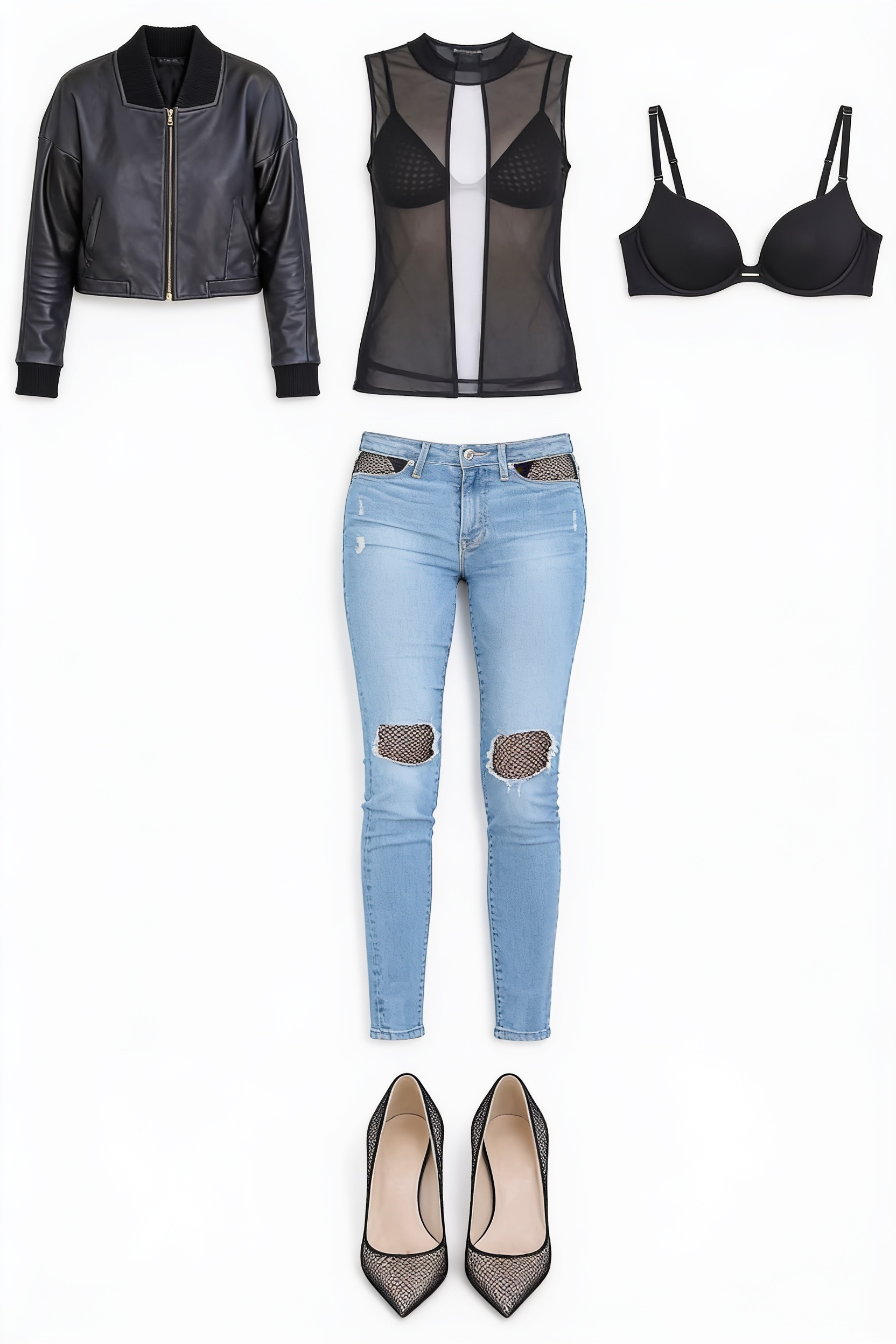 Black leather jacket and ripped blue jeans