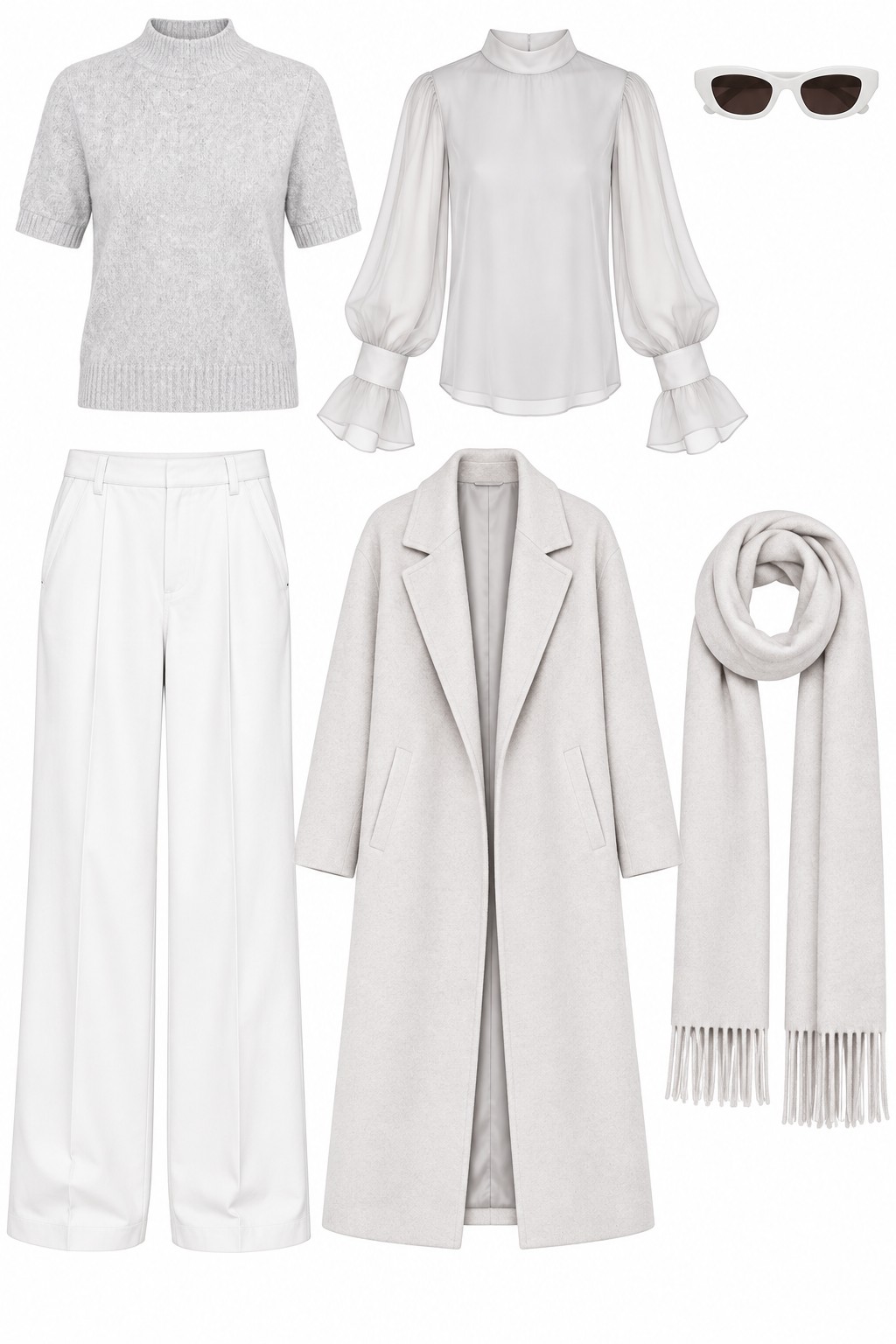 Grey layered knit and white trousers
