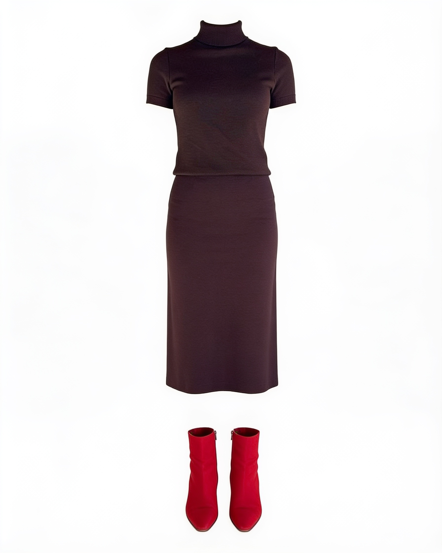 Brown fitted turtleneck midi dress and red boots