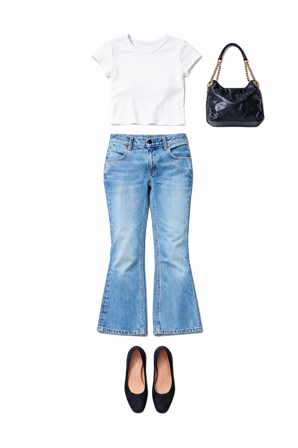 White cropped T-shirt and kick-flare jeans