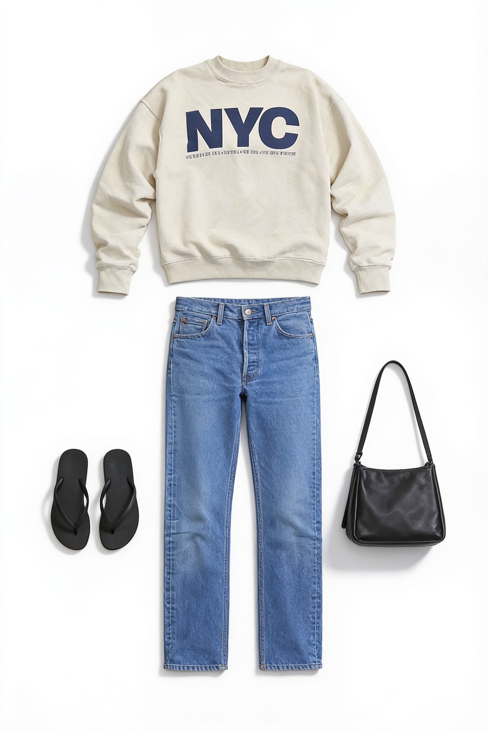 NYC sweatshirt and straight-leg jeans
