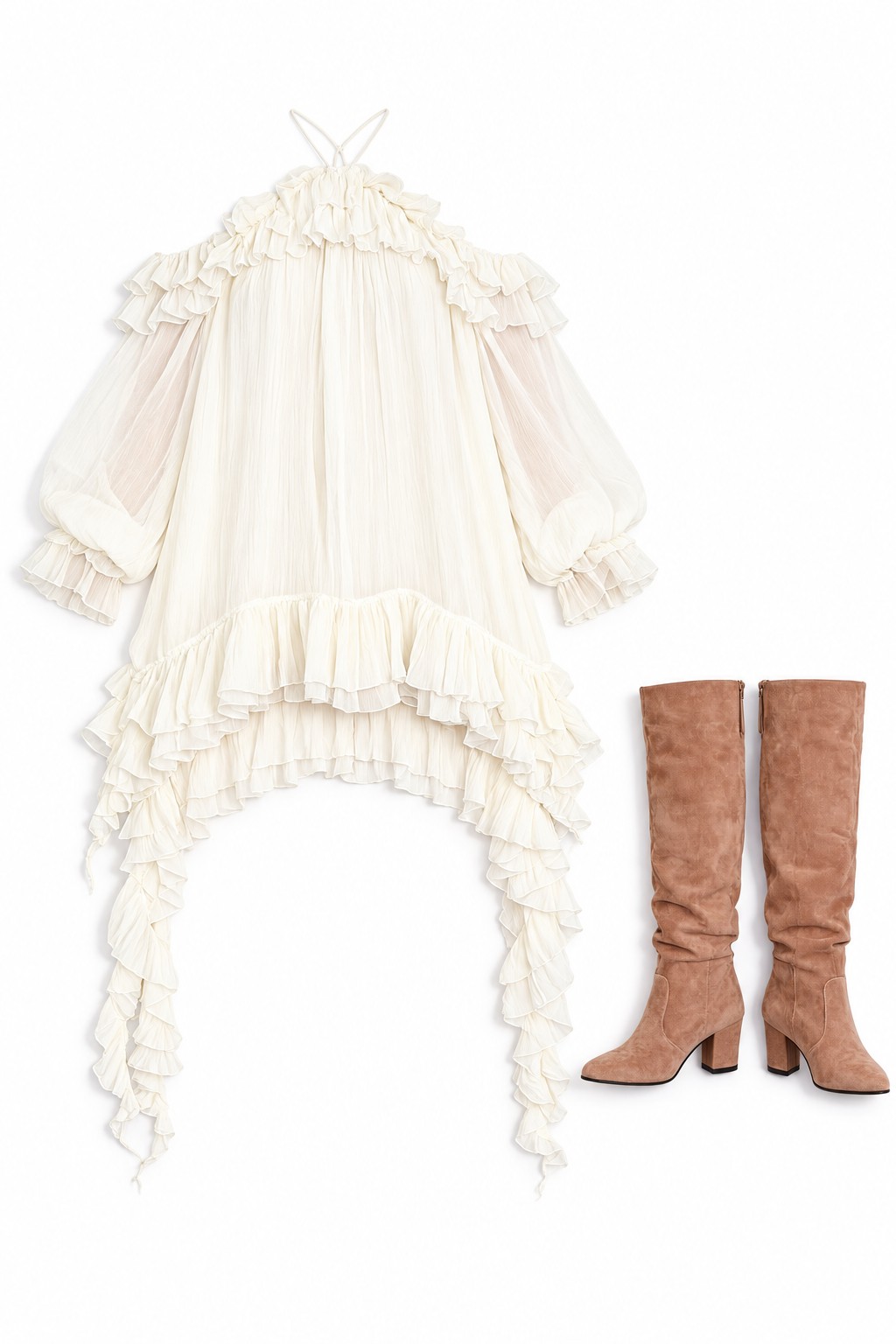 White ruffled high-low dress and suede boots