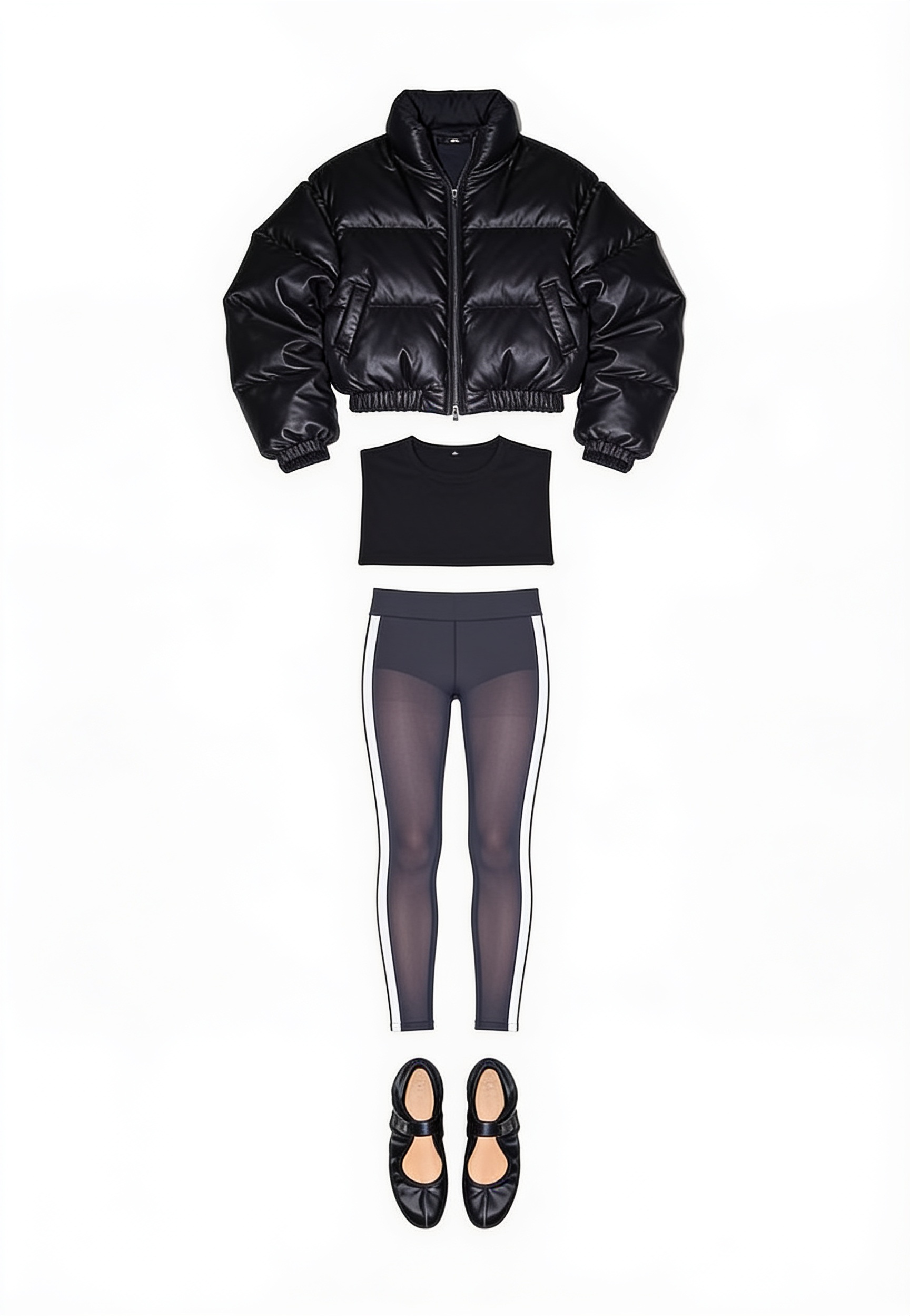 Black cropped puffer jacket and grey leggings