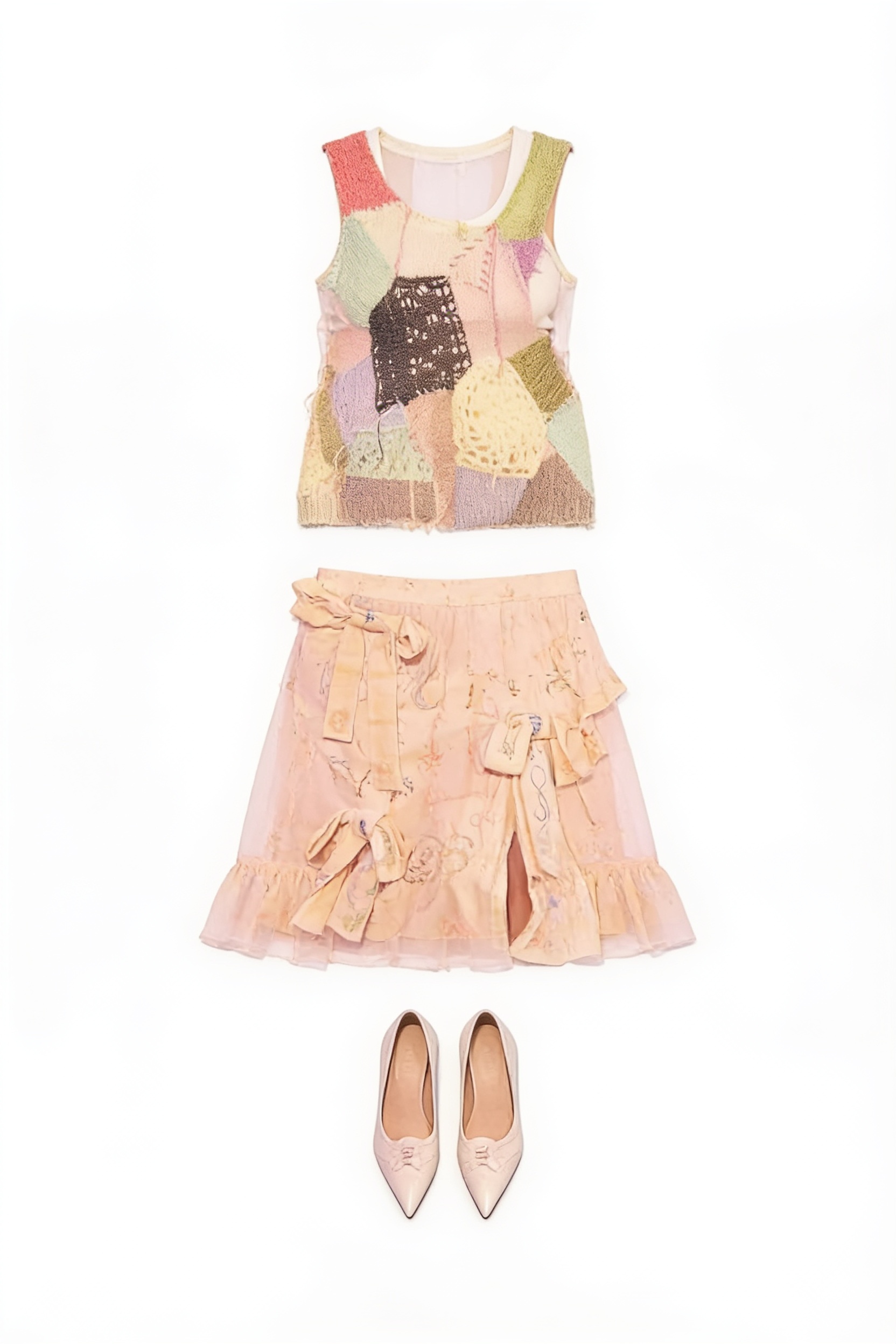 Pastel embellished top and peach ruffled skirt