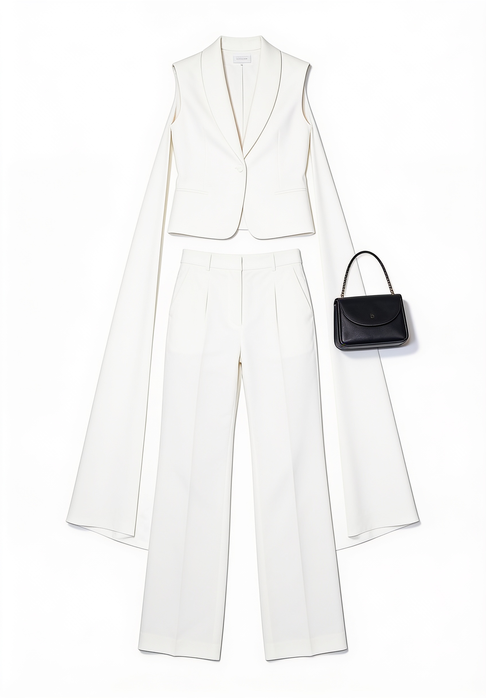 White sleeveless cape blazer and wide-leg trousers