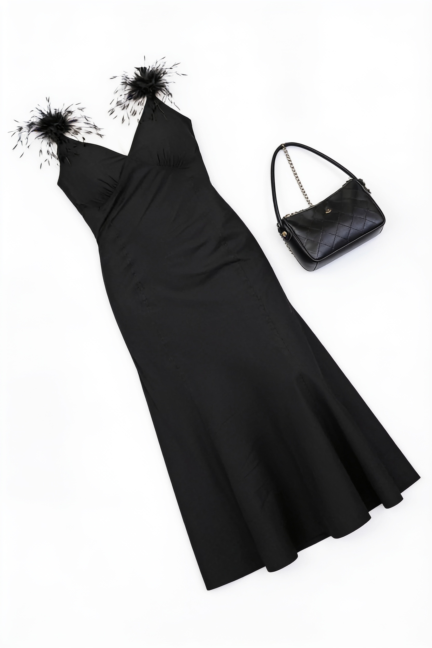 Black lace-trim maxi dress and handbag