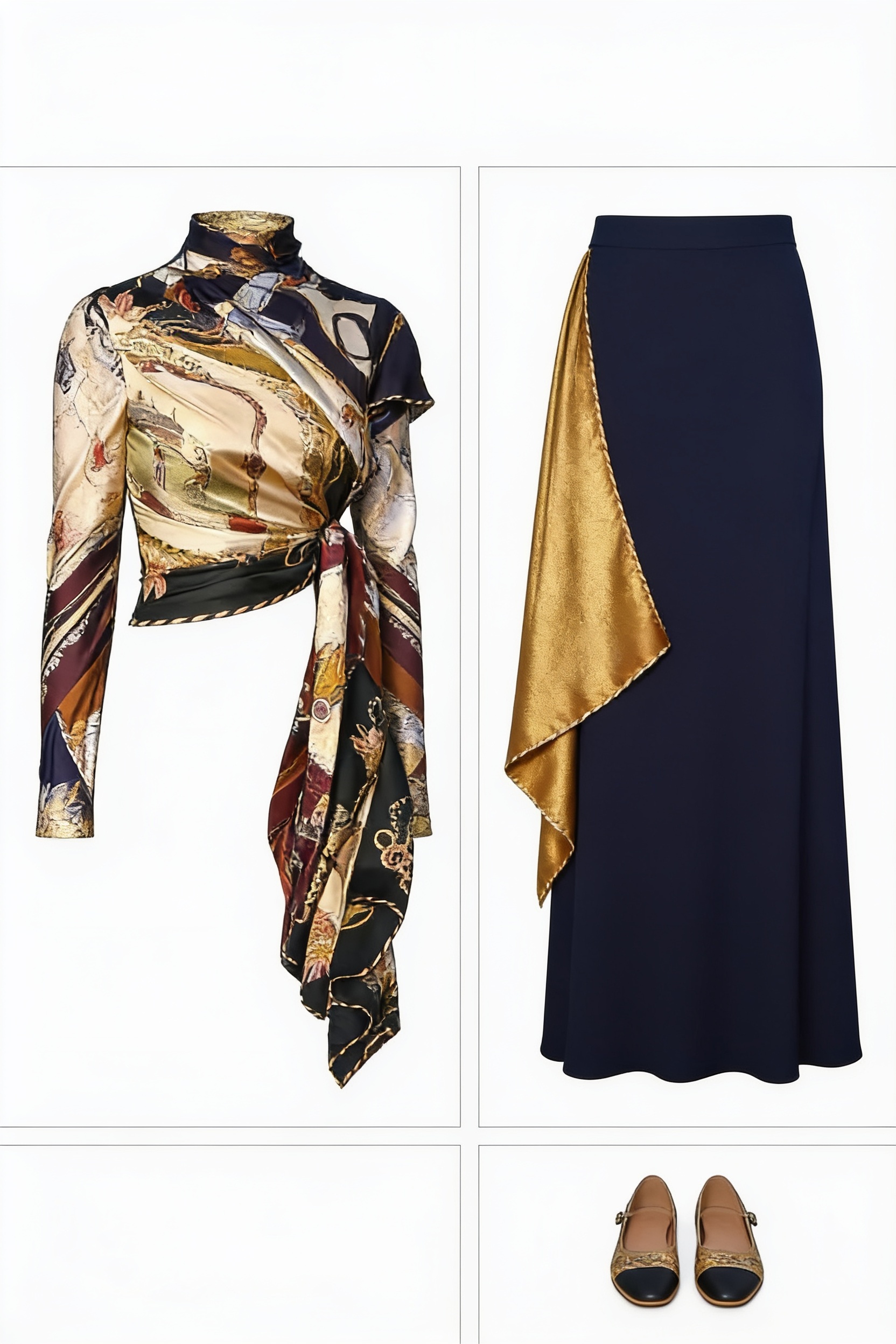Gold patterned high-neck top and navy maxi skirt
