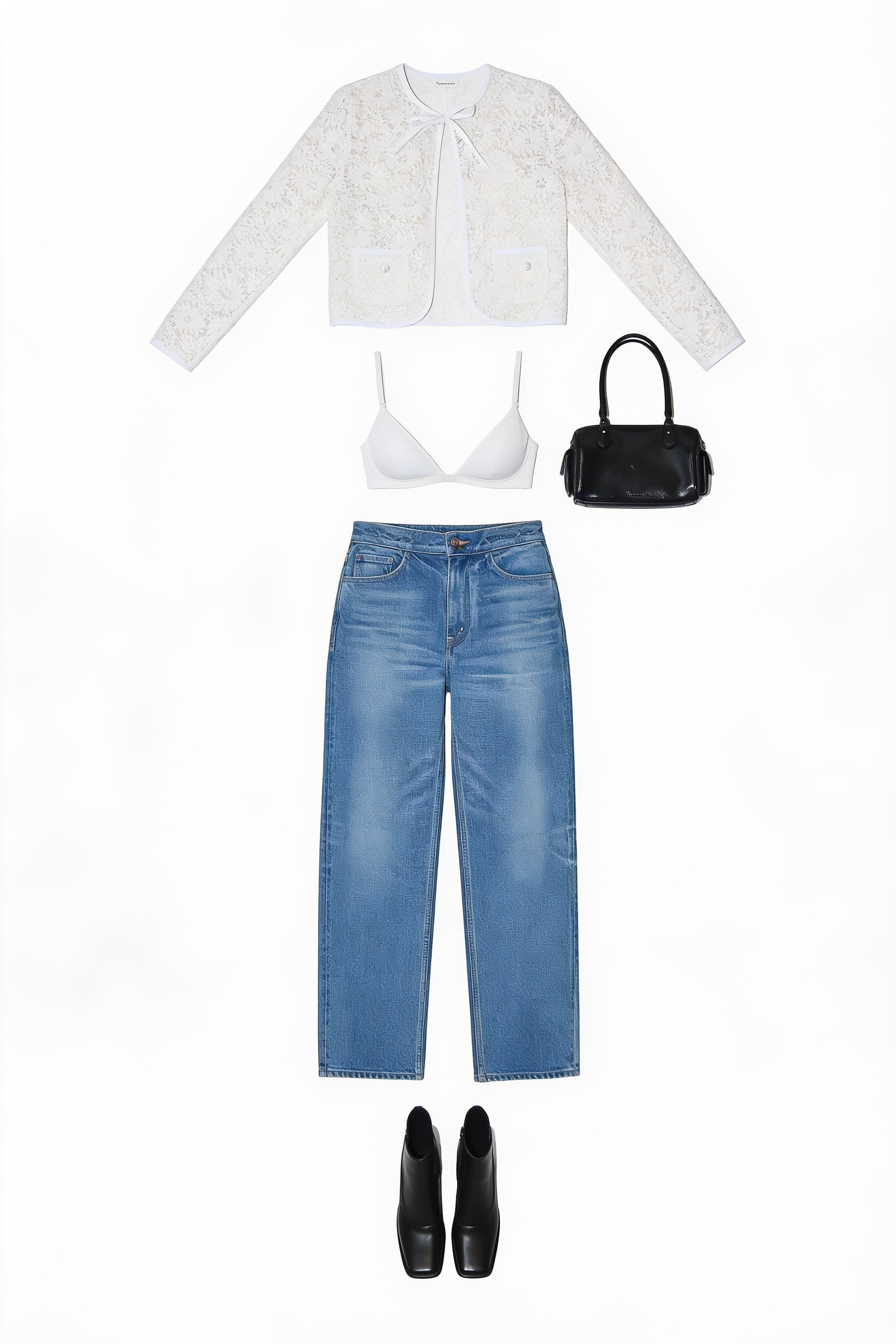 White embellished jacket and straight-leg jeans