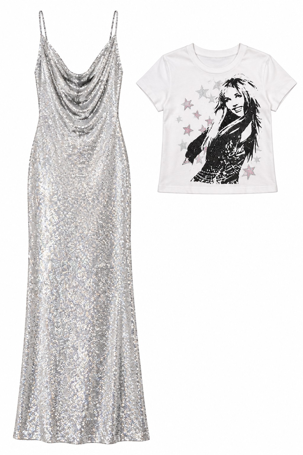 Silver sequin maxi dress and graphic top
