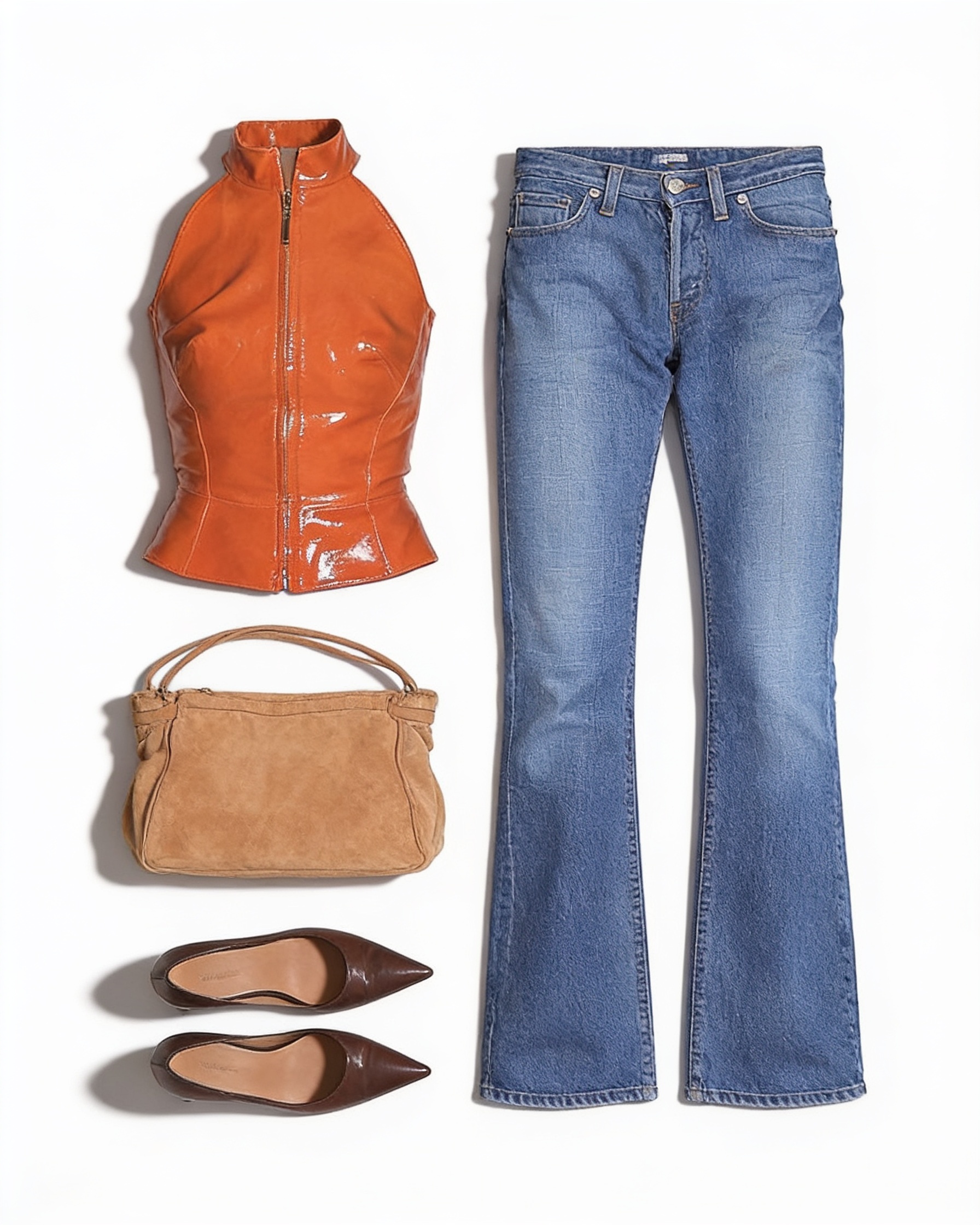 Orange leather halter top and bootcut jeans
