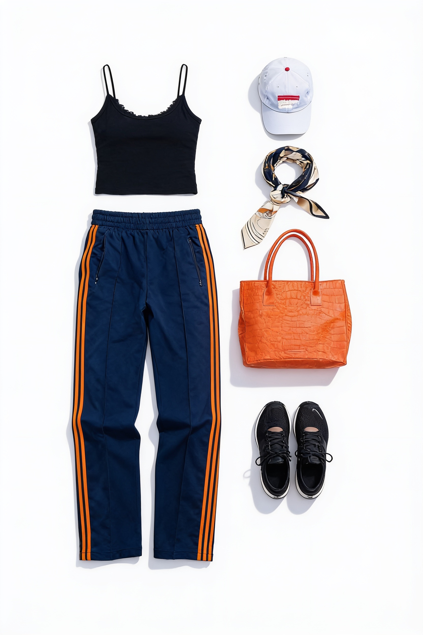 Black tank and navy striped track trousers