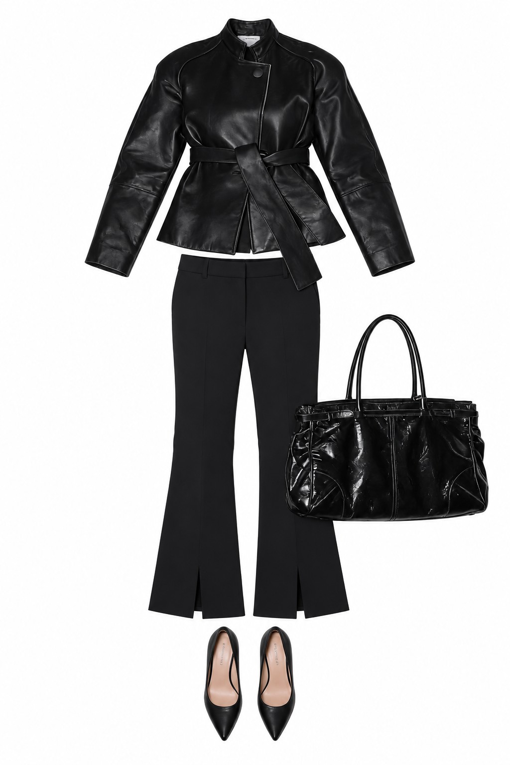 Black leather jacket and tailored trousers