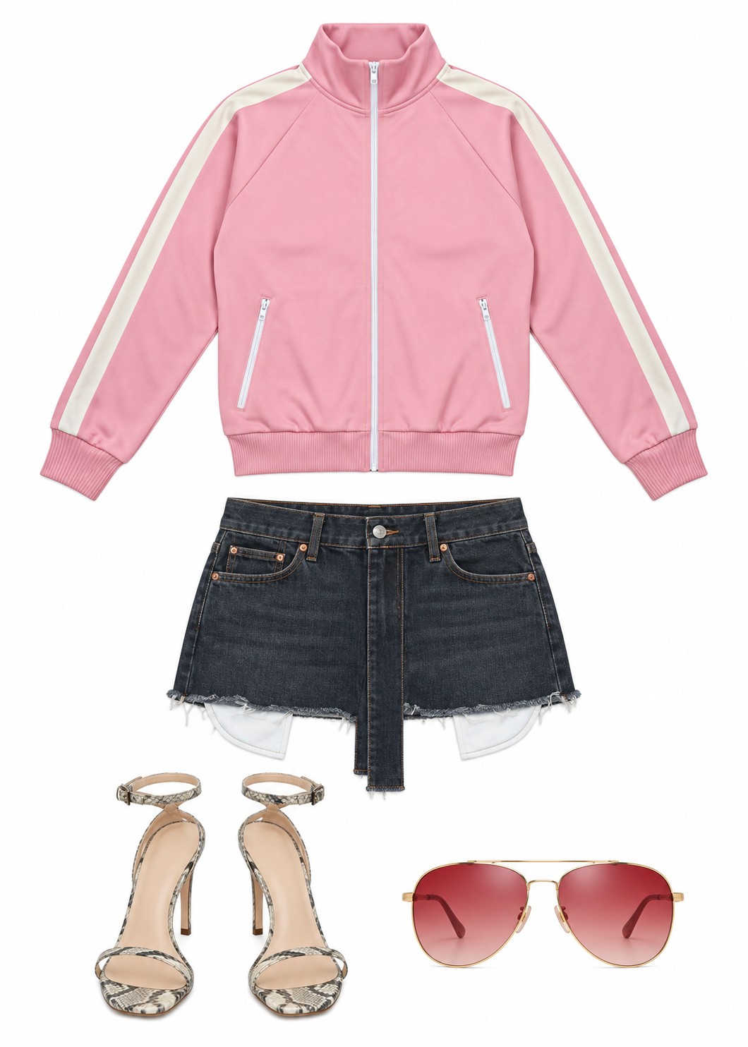Pink zip jacket and black denim mini skirt