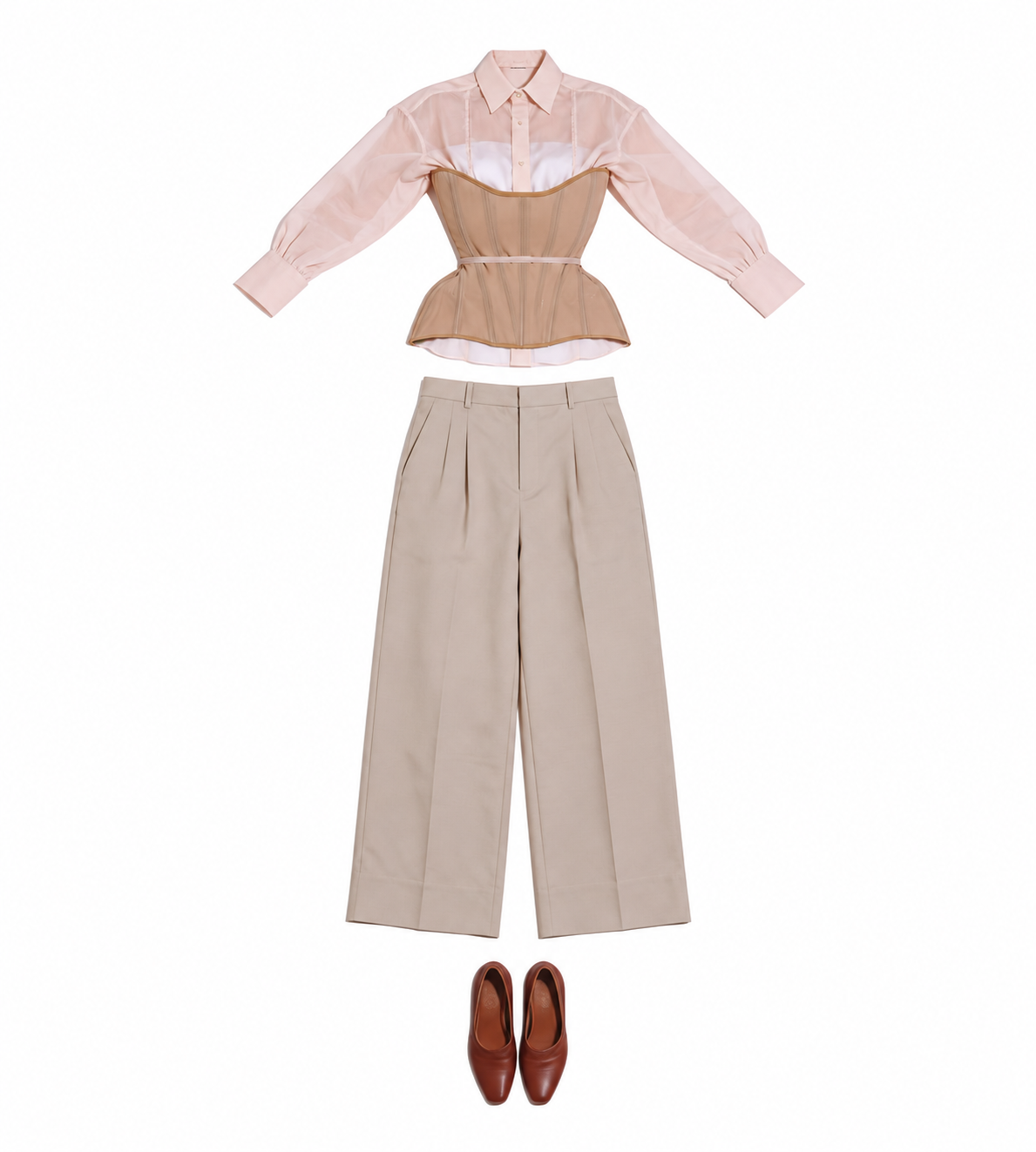 Blush shirt, tan corset and wide-leg trousers