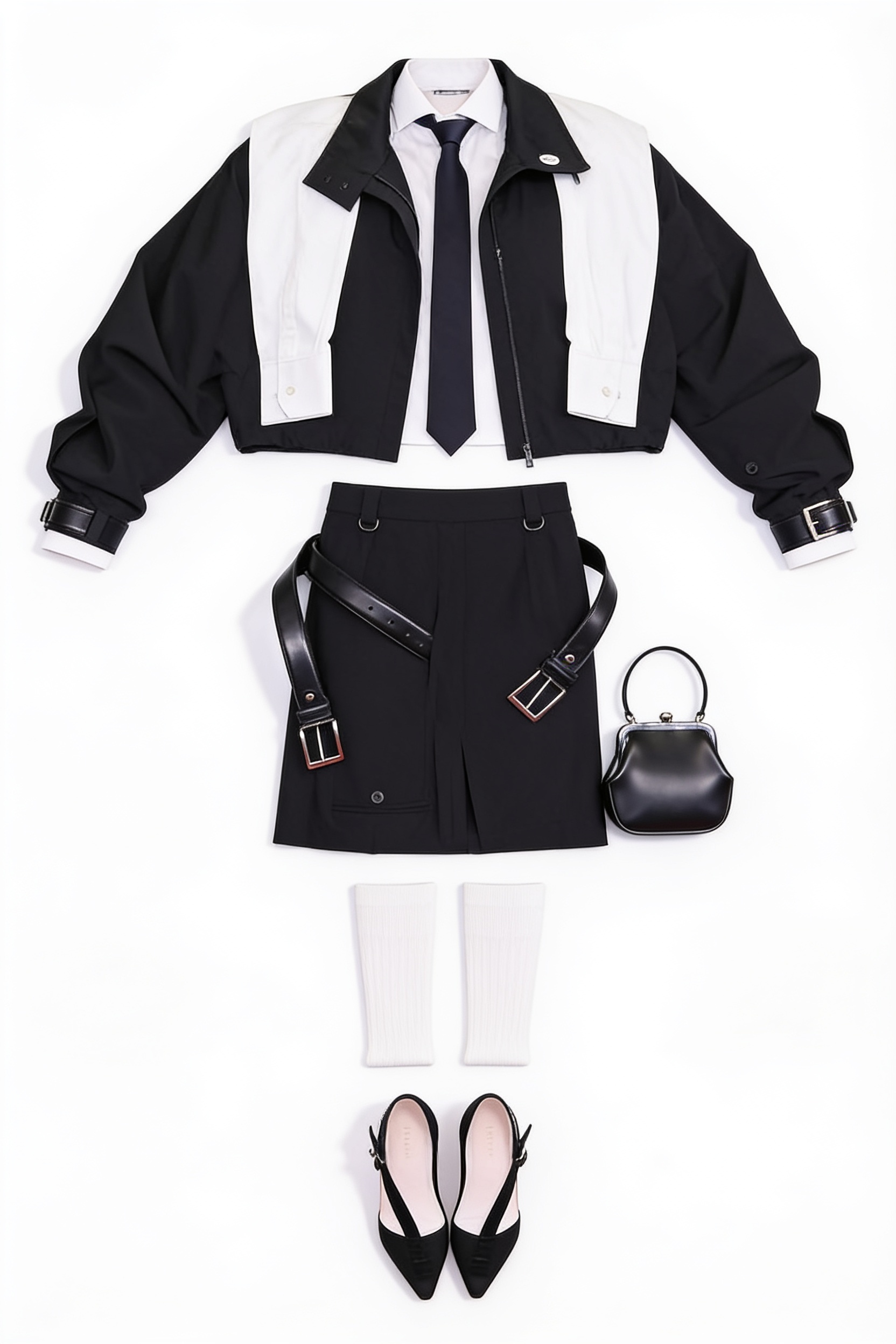 Black blazer and skirt with white shirt and tie