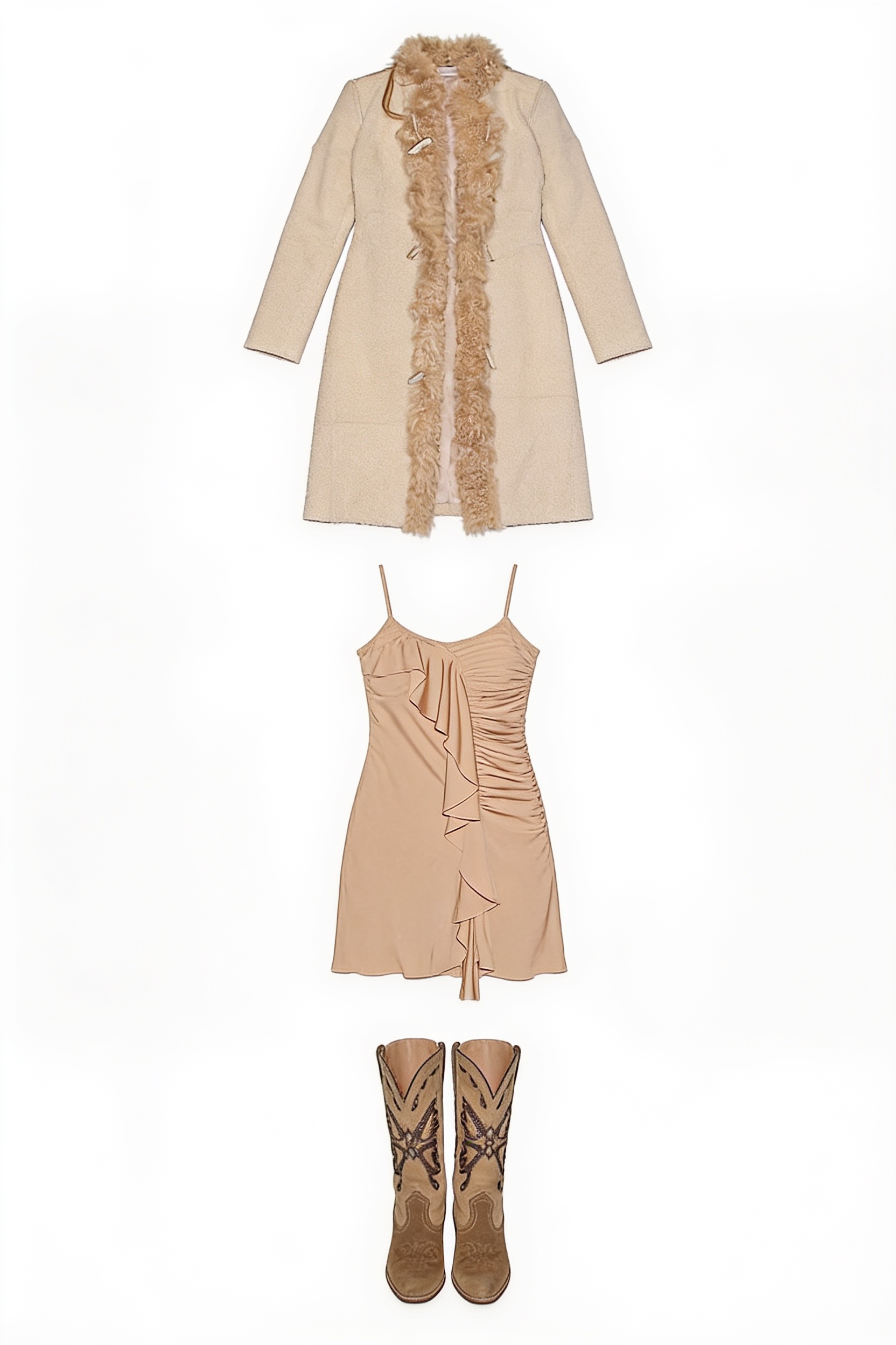 Beige long jacket, lace-up mini dress and cowboy boots