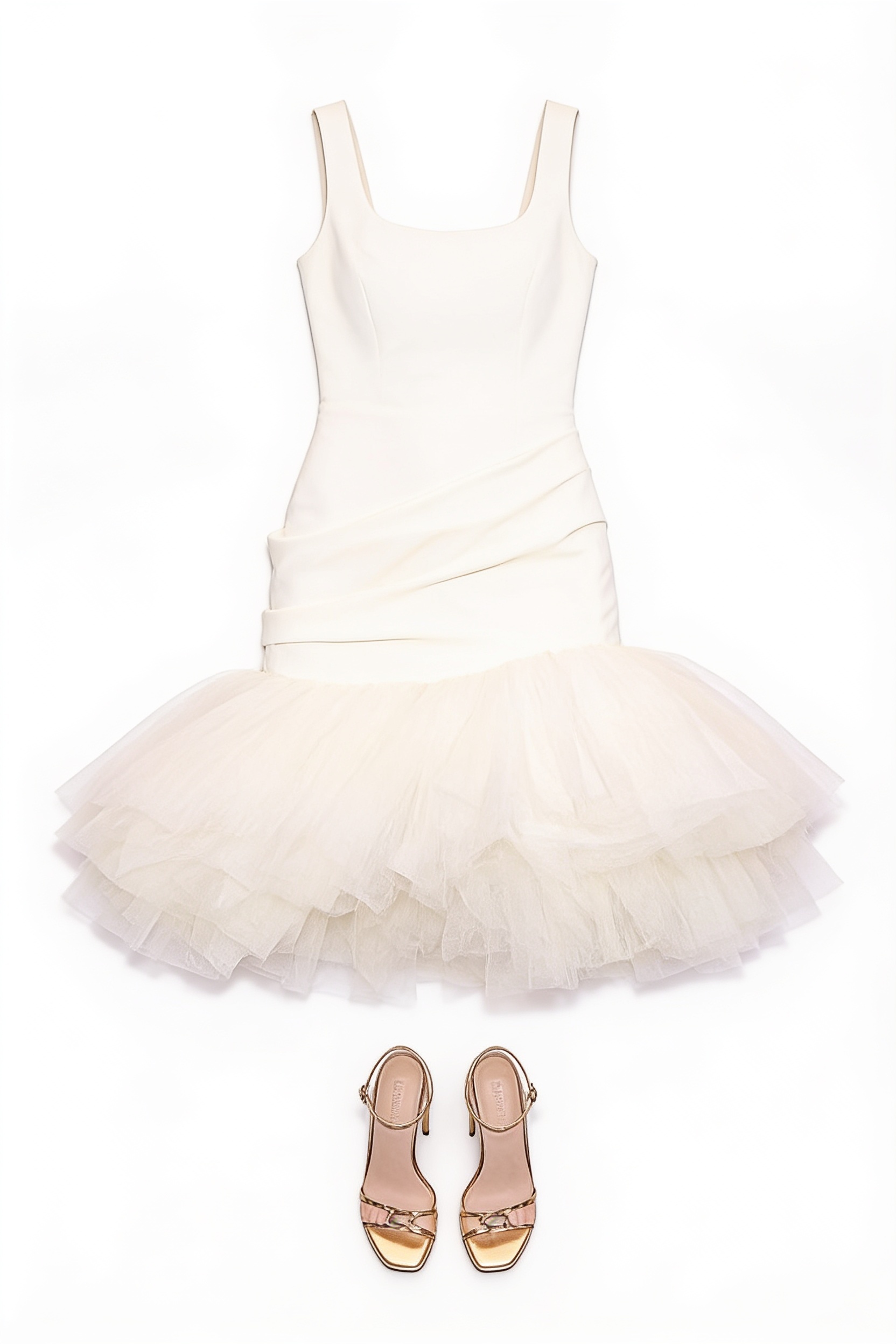 Blush satin tulle-hem dress and gold sandals