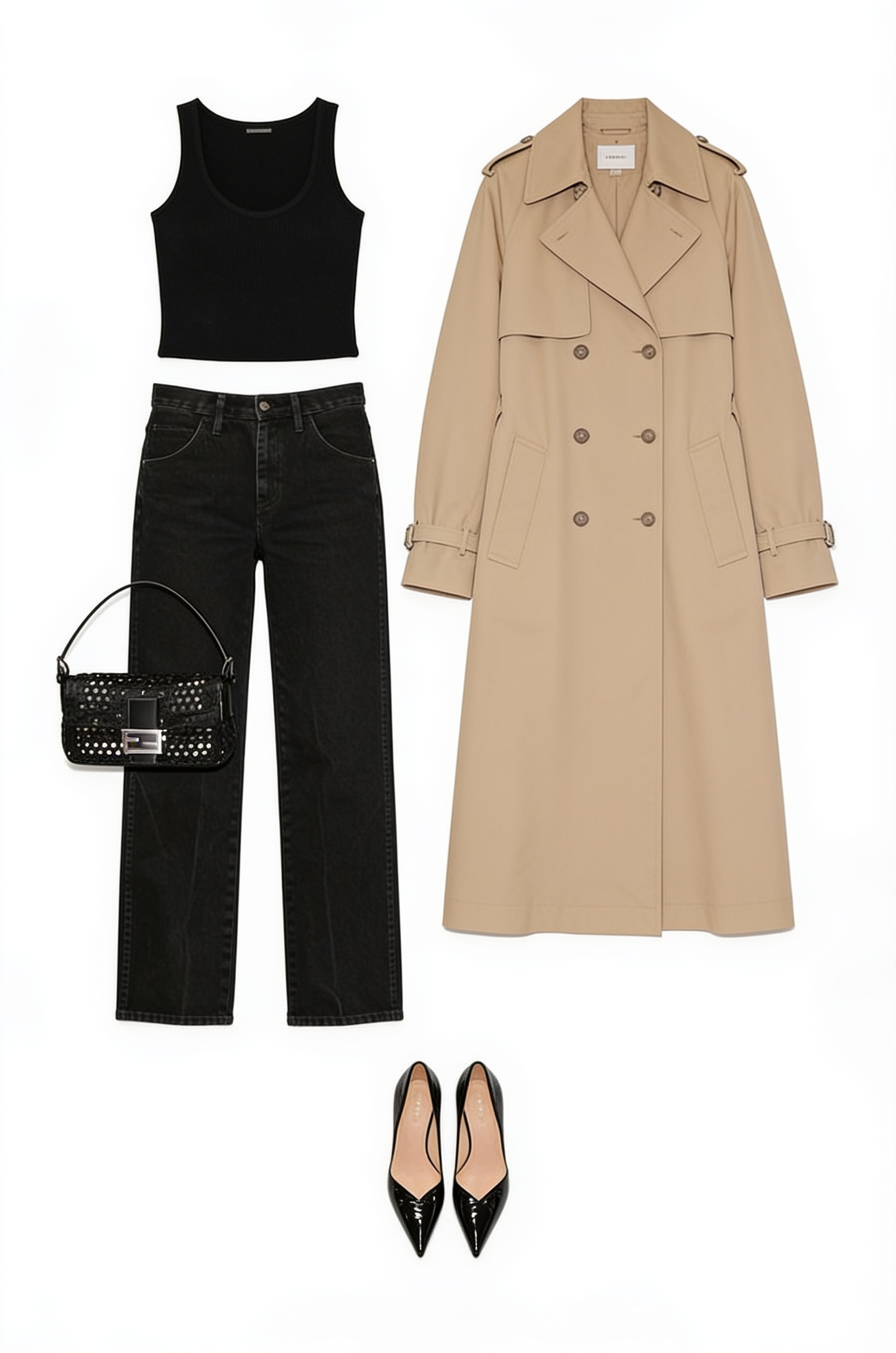 Beige trench and black straight-leg jeans