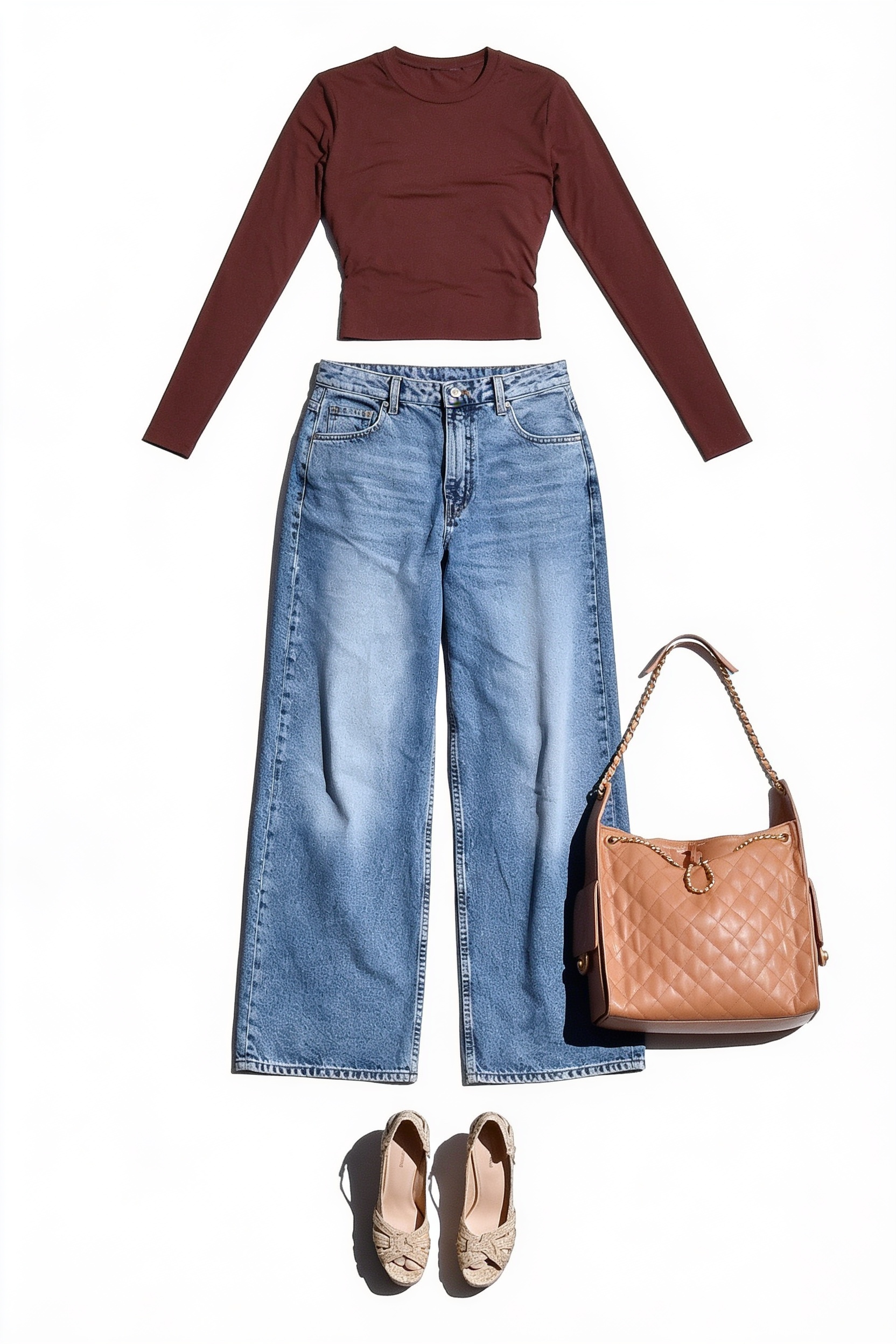 Chocolate long-sleeve top and wide-leg jeans