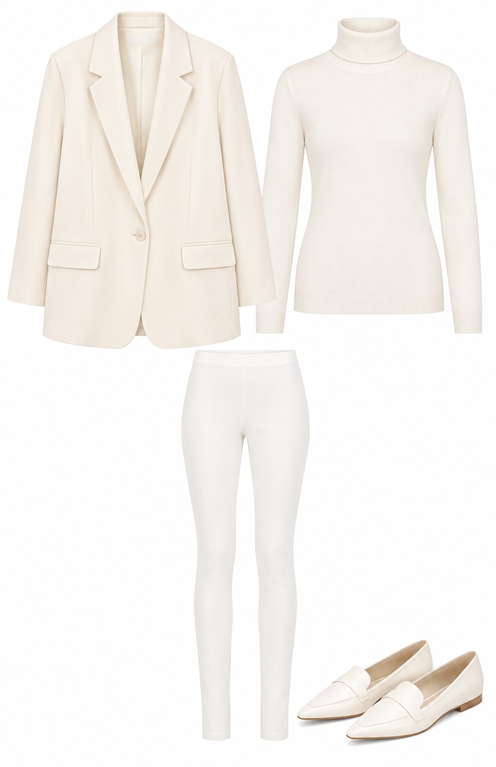 Ivory oversized blazer and white slim trousers