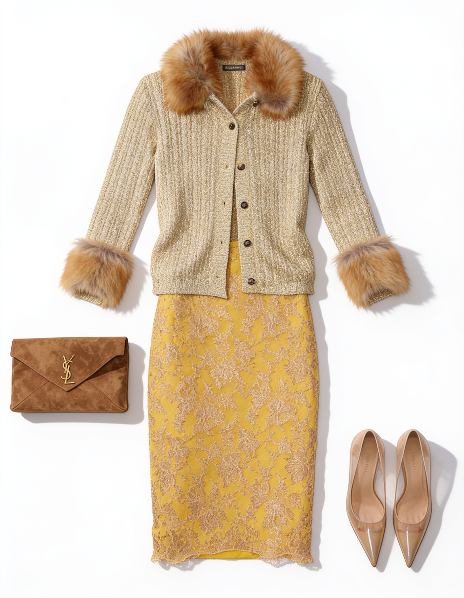 Fur-trim cardigan and yellow lace skirt