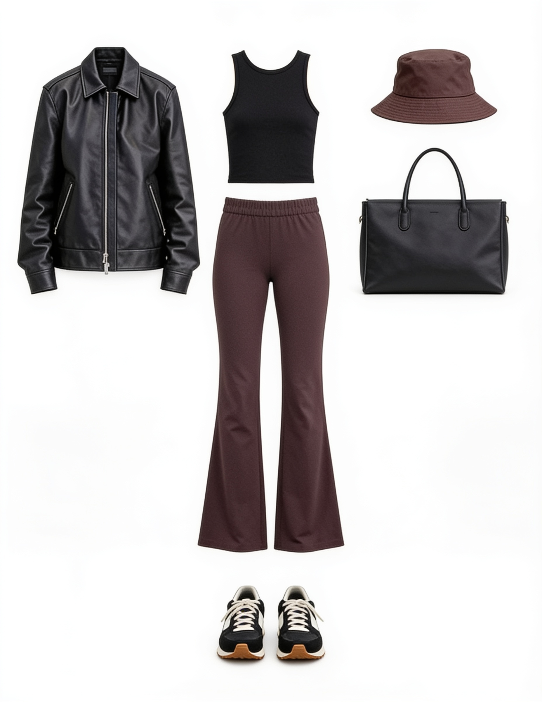 Black leather jacket and brown flared trousers