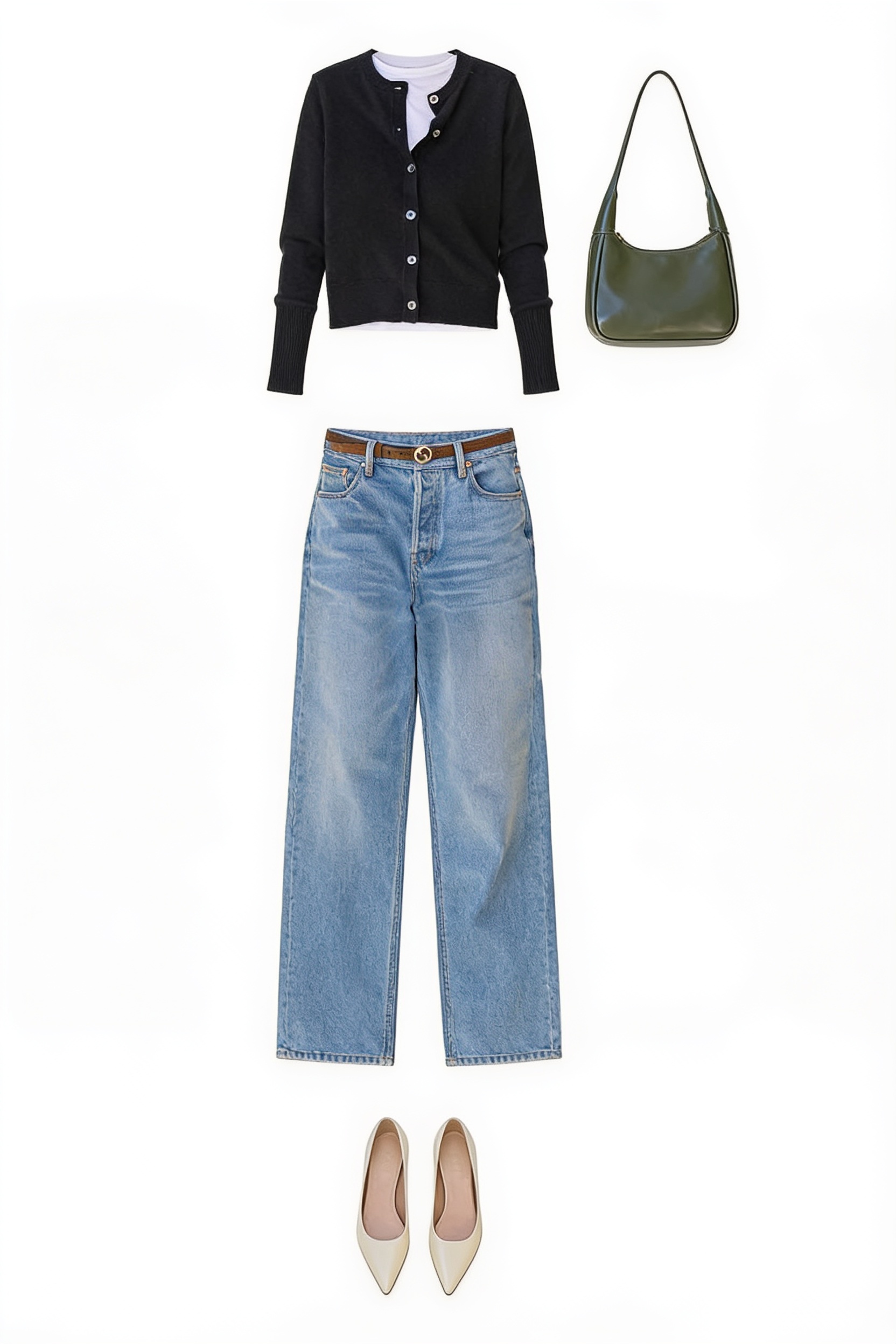 Black cardigan and light wide-leg jeans