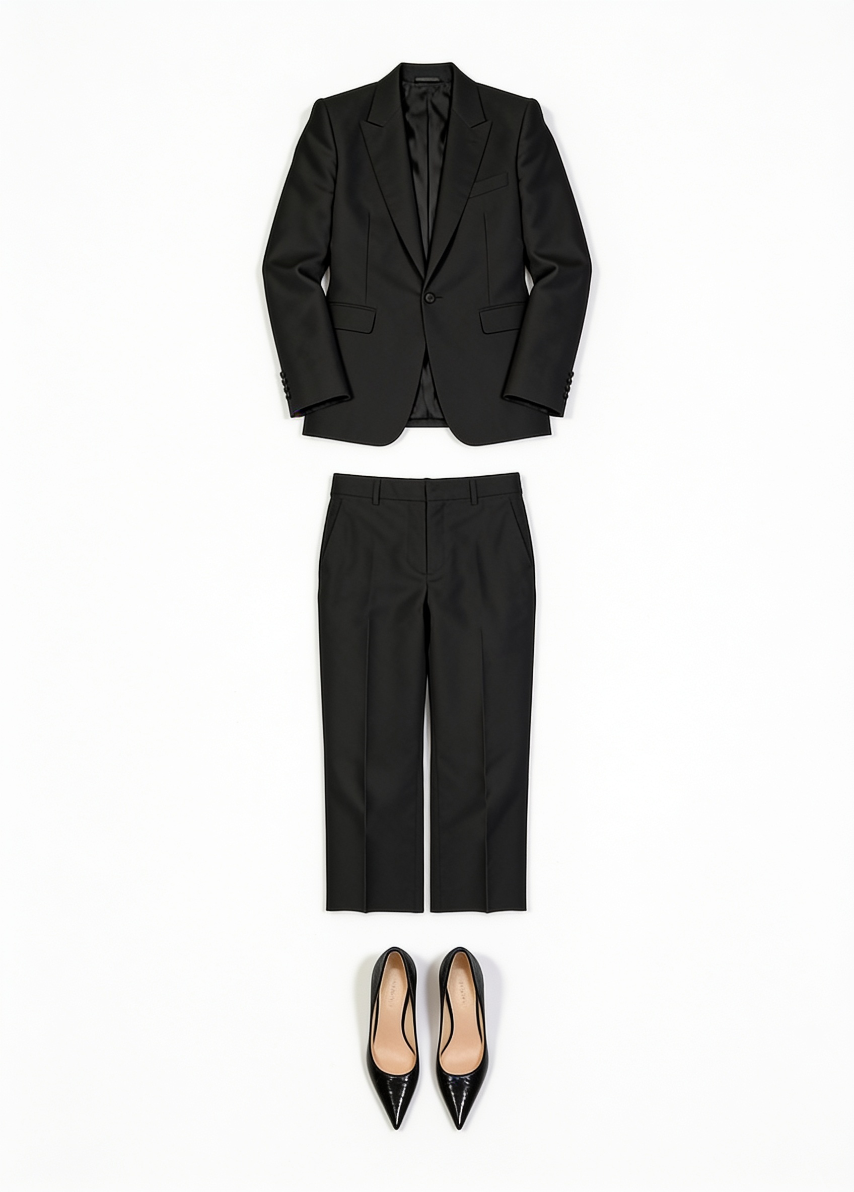 Black satin-lapel trouser suit