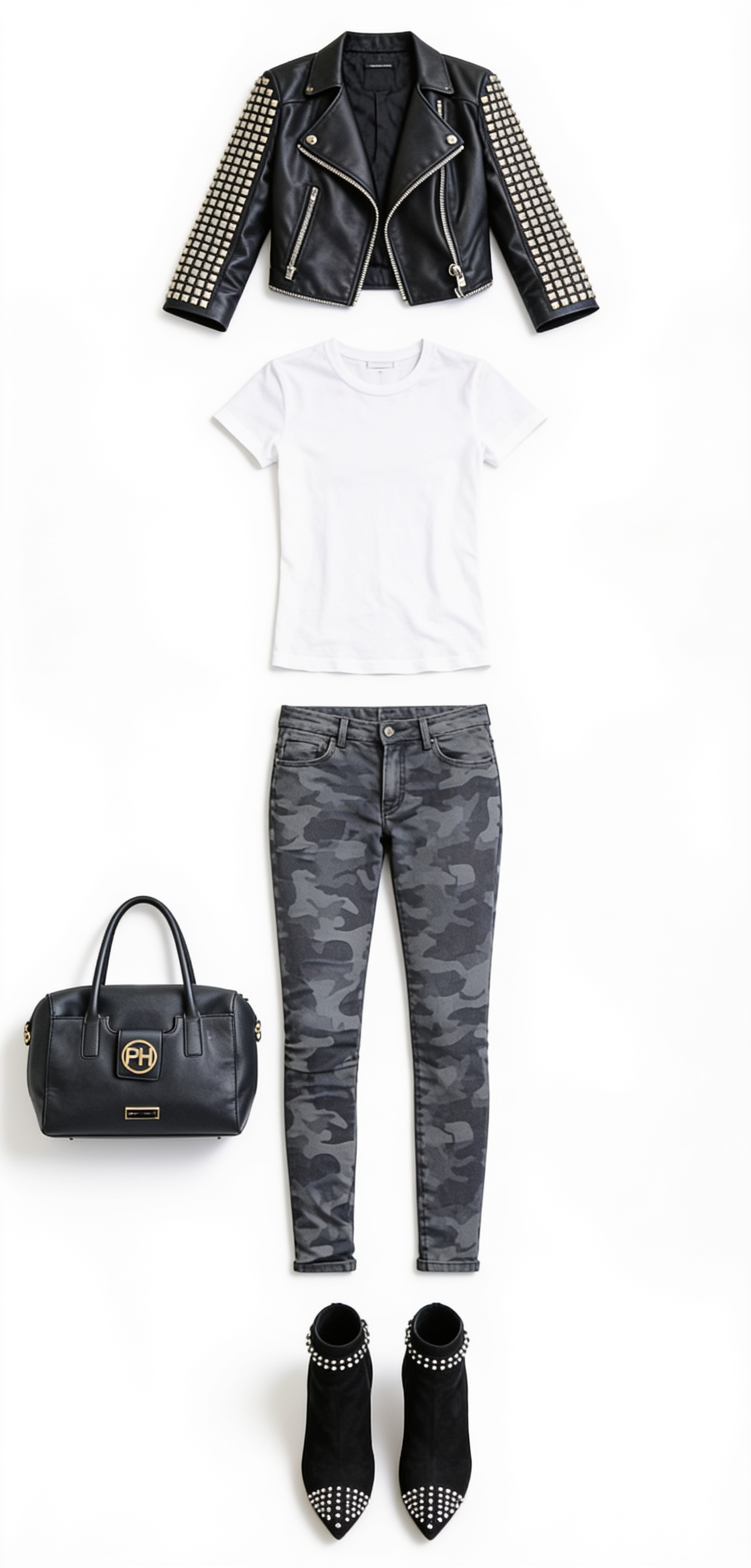 Studded leather jacket and grey skinny jeans